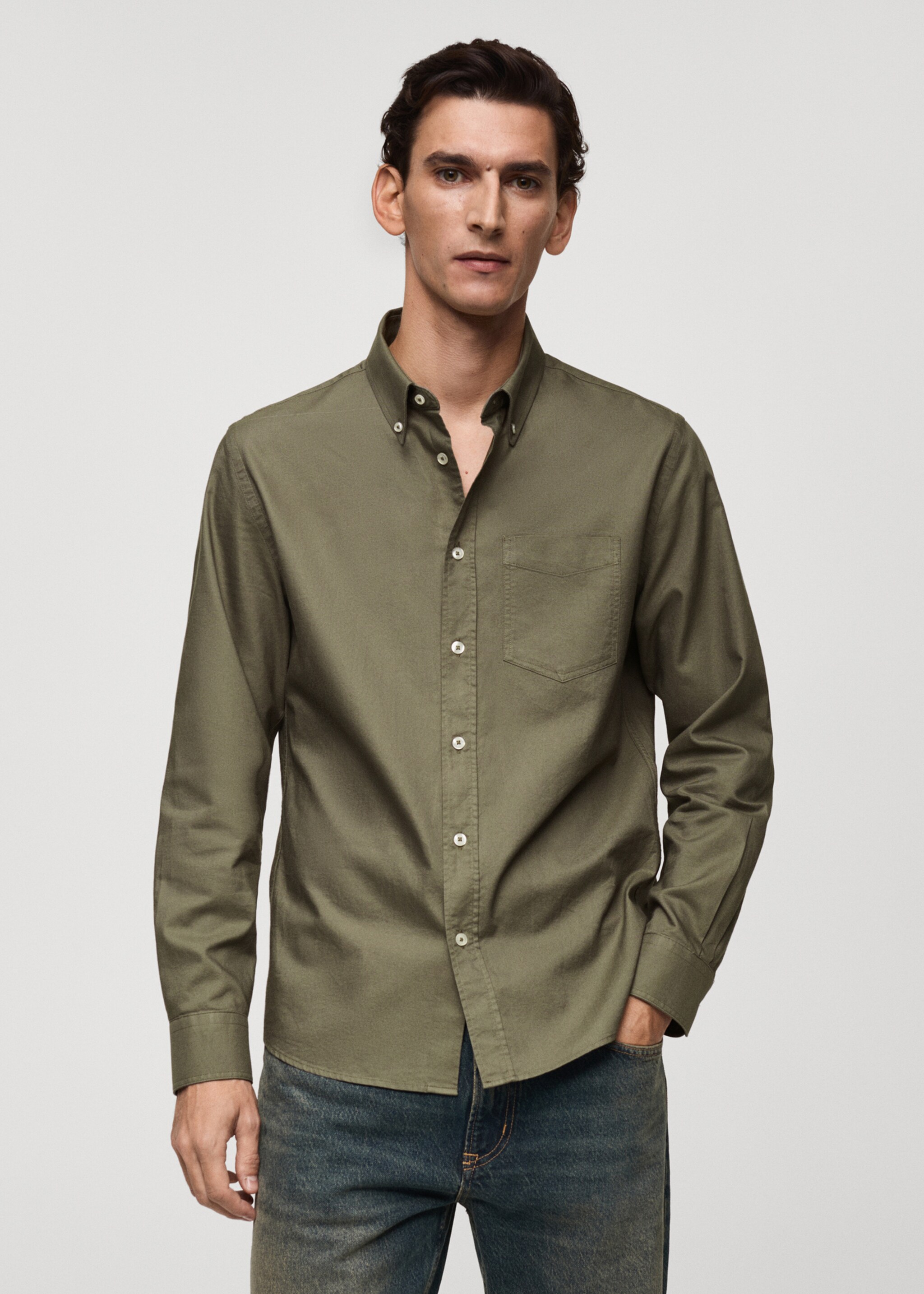Regular fit Oxford cotton shirt - Medium plane, Khaki. Ref: 77014442-00.