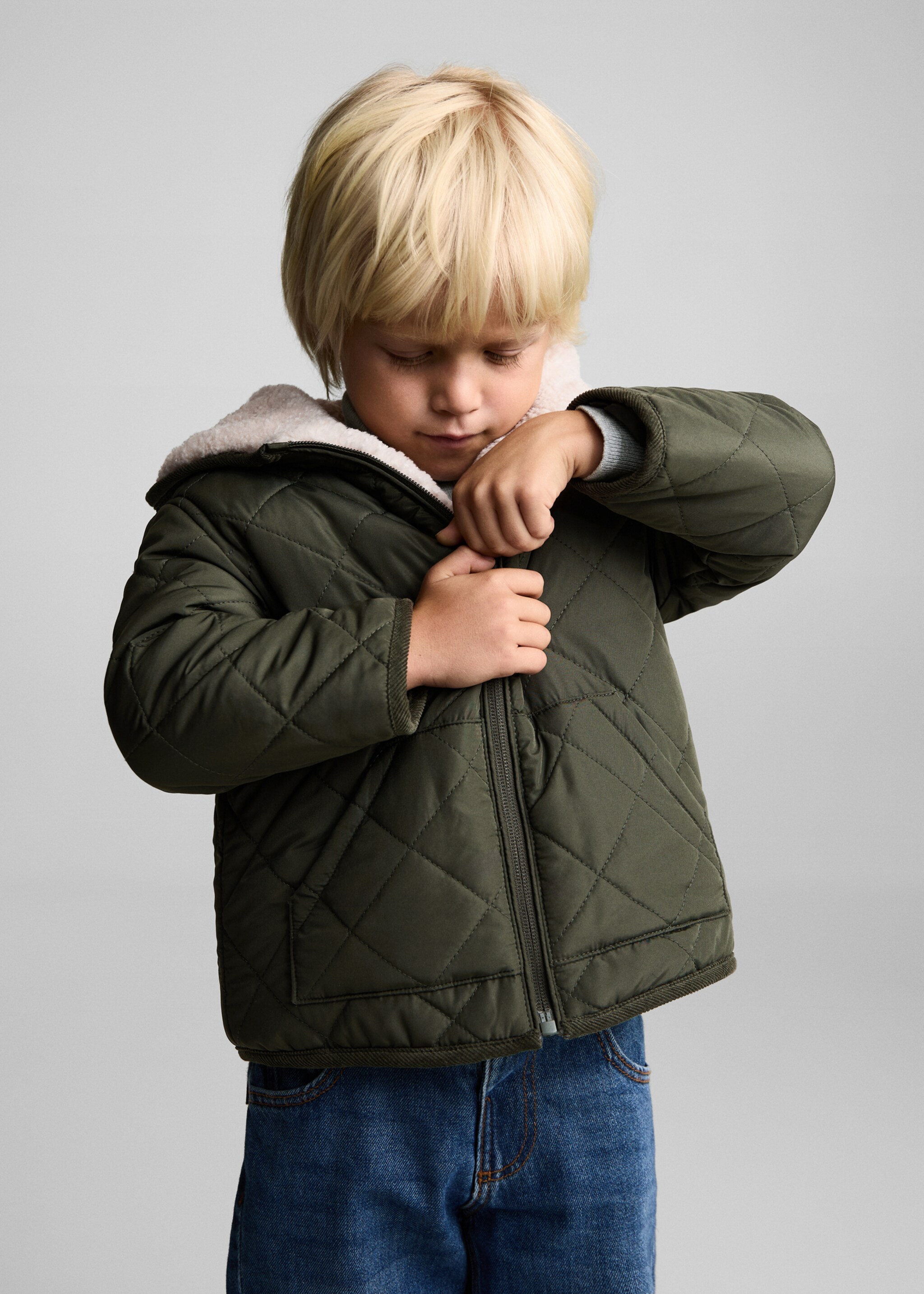Padded anorak with shearling lining - Medium plane, Khaki. Ref: 77014762-00.