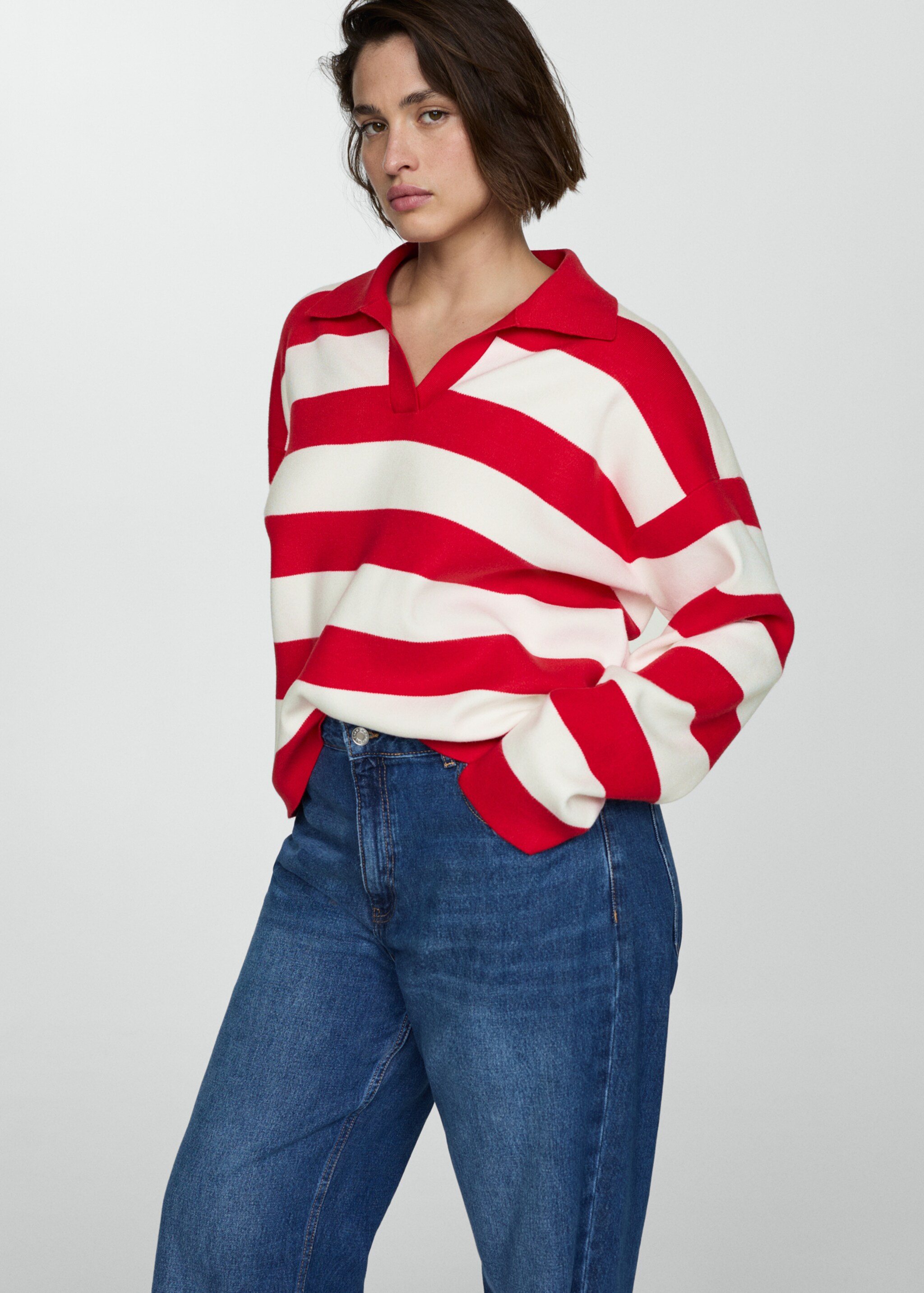 Striped polo-neck sweater - Details of the article 5, Red. Ref: 77014763-00.