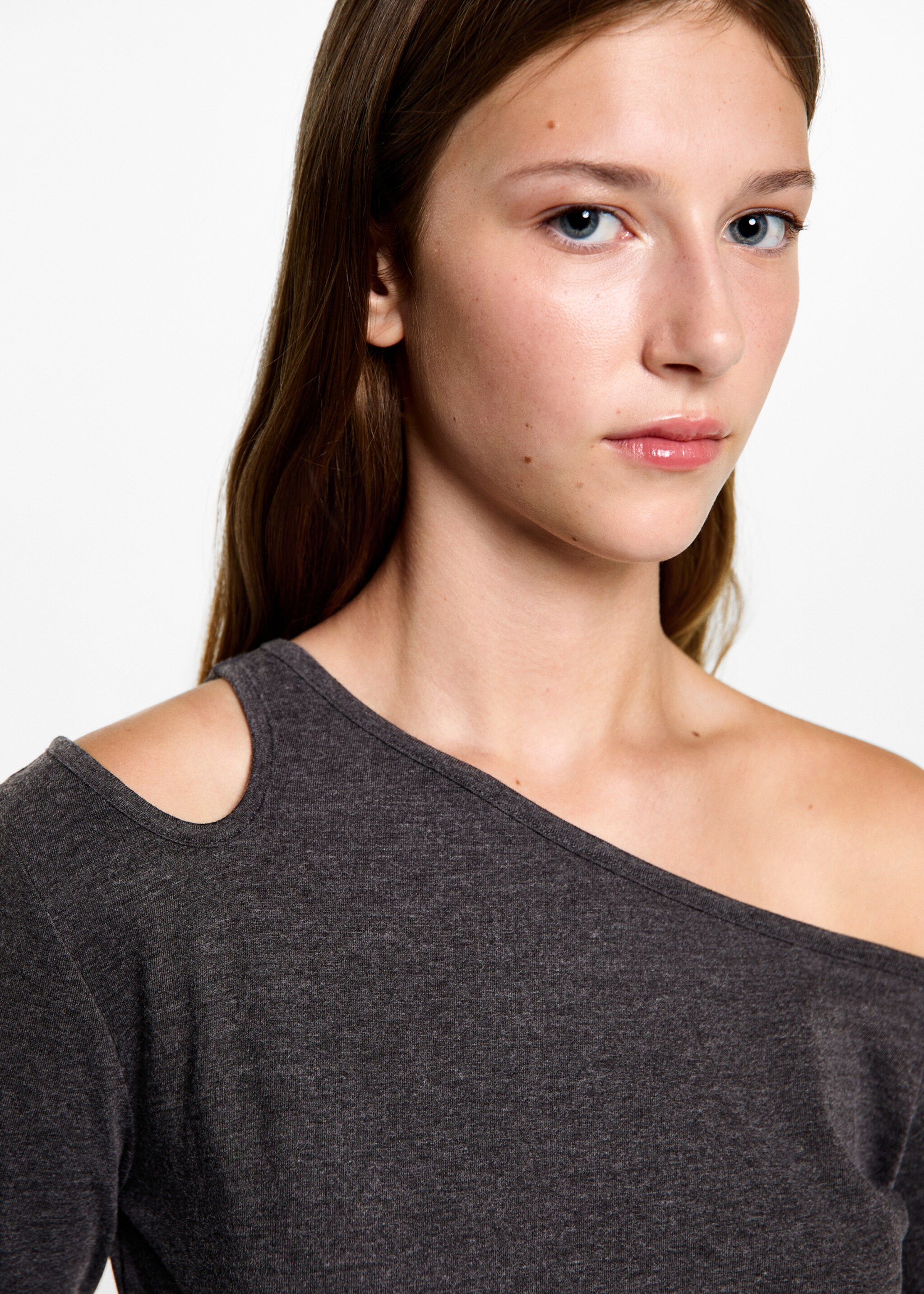Asymmetric cotton T-shirt - Details of the article 1, Grey. Ref: 77014785-00.