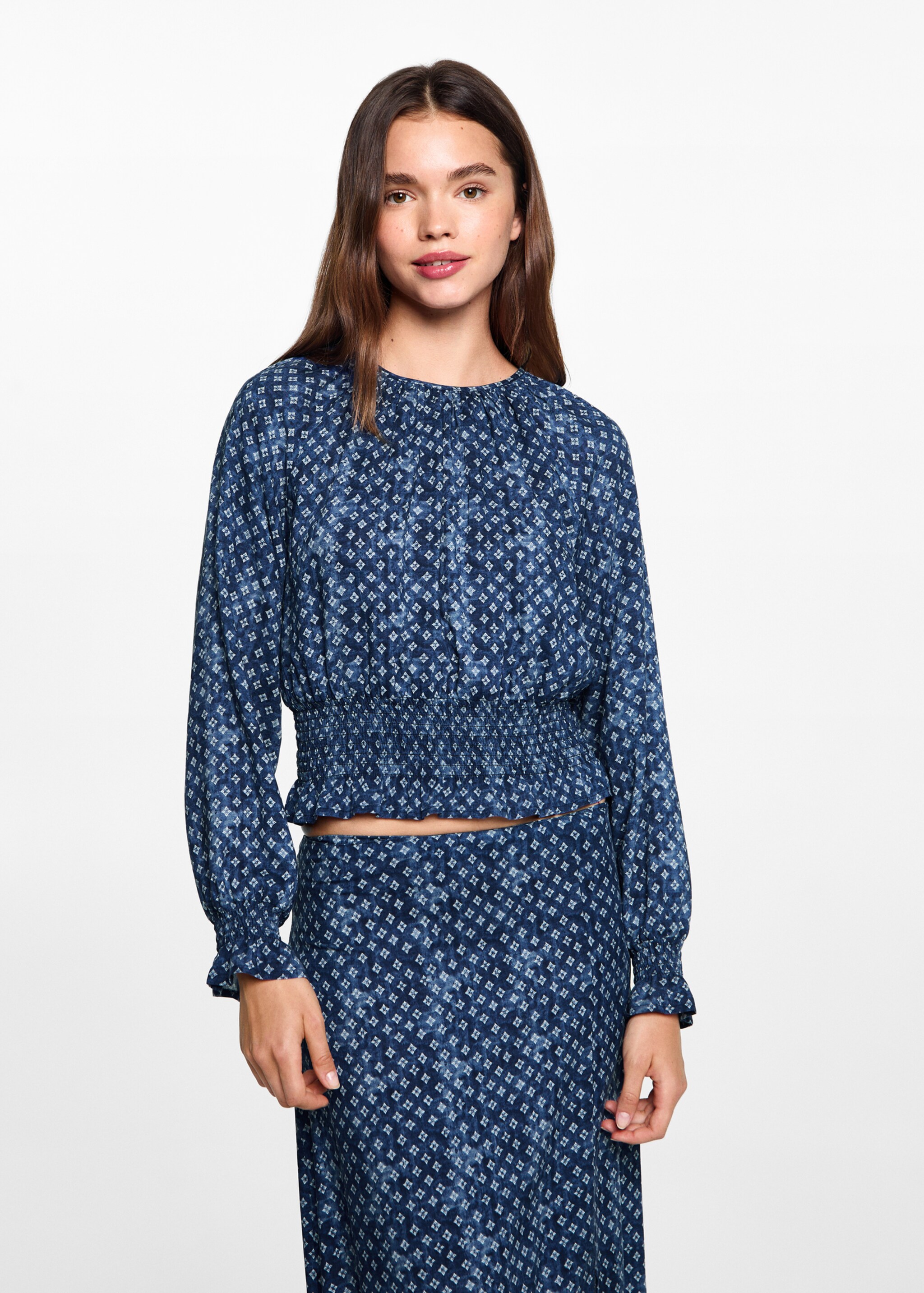 Ruched printed blouse - Medium plane, Dark Navy. Ref: 77014788-00.