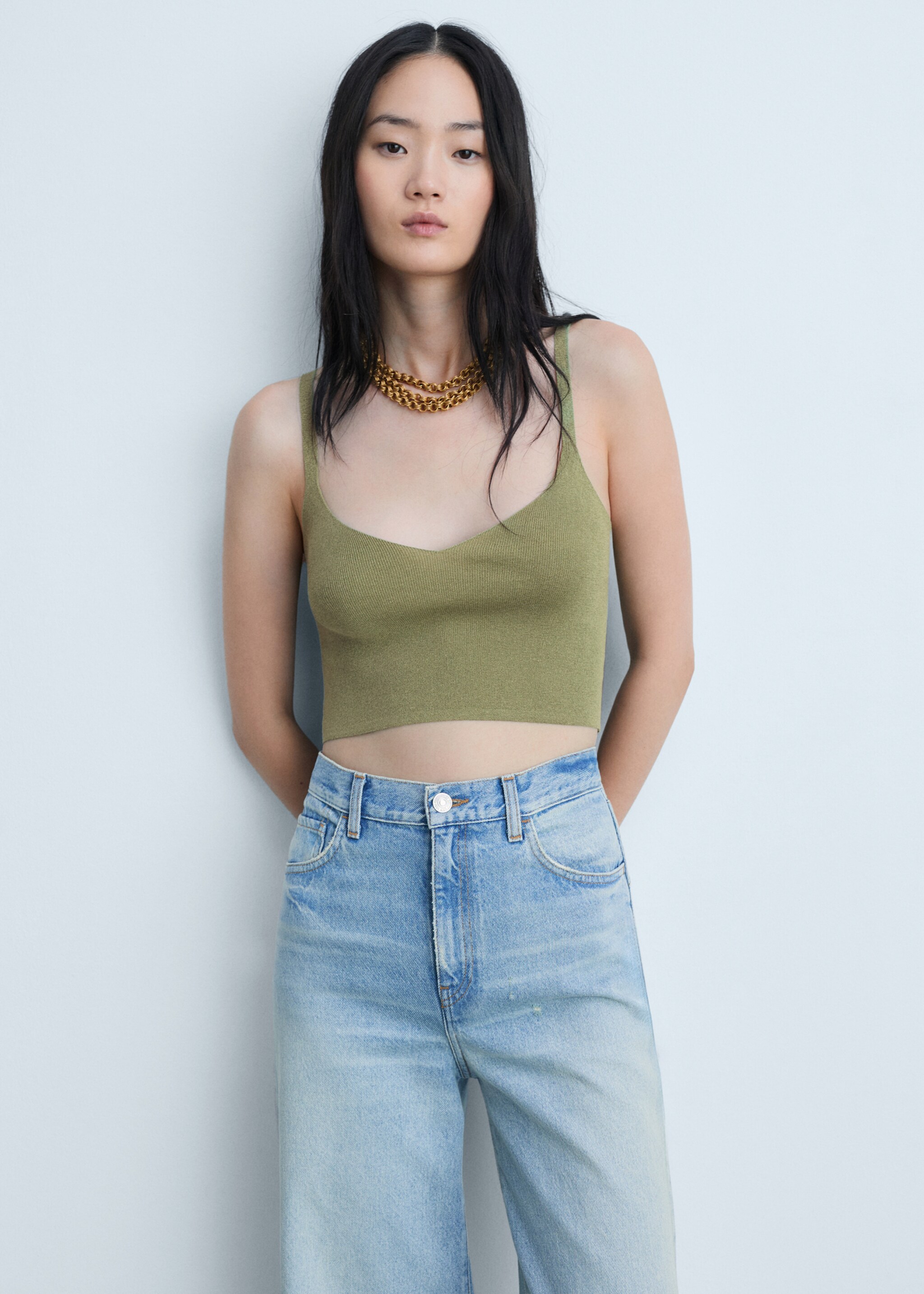 Knitted cropped top - Medium plane, Khaki. Ref: 77014792-00.