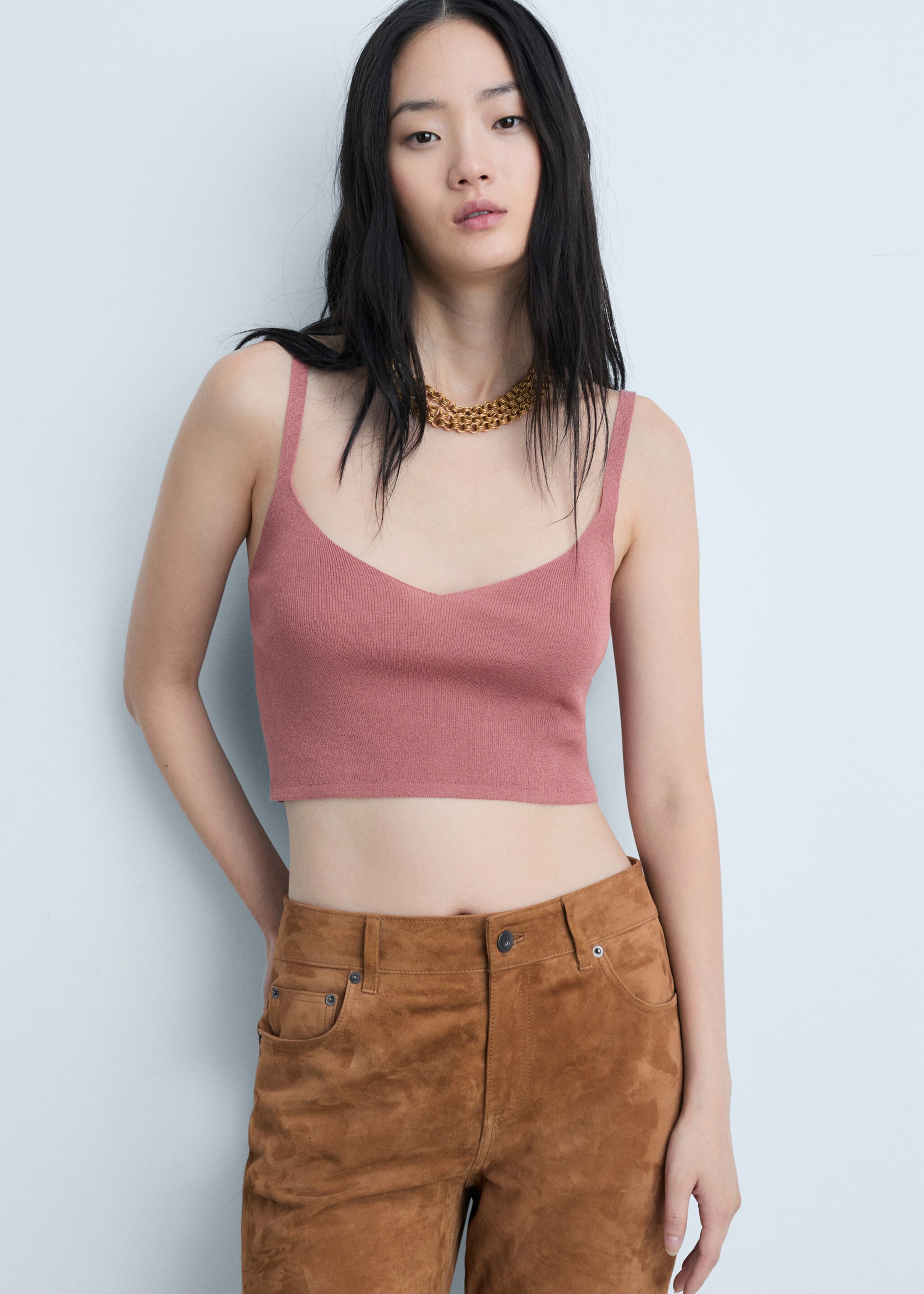 Knitted cropped top - Medium plane, Pastel Pink. Ref: 77014792-00.