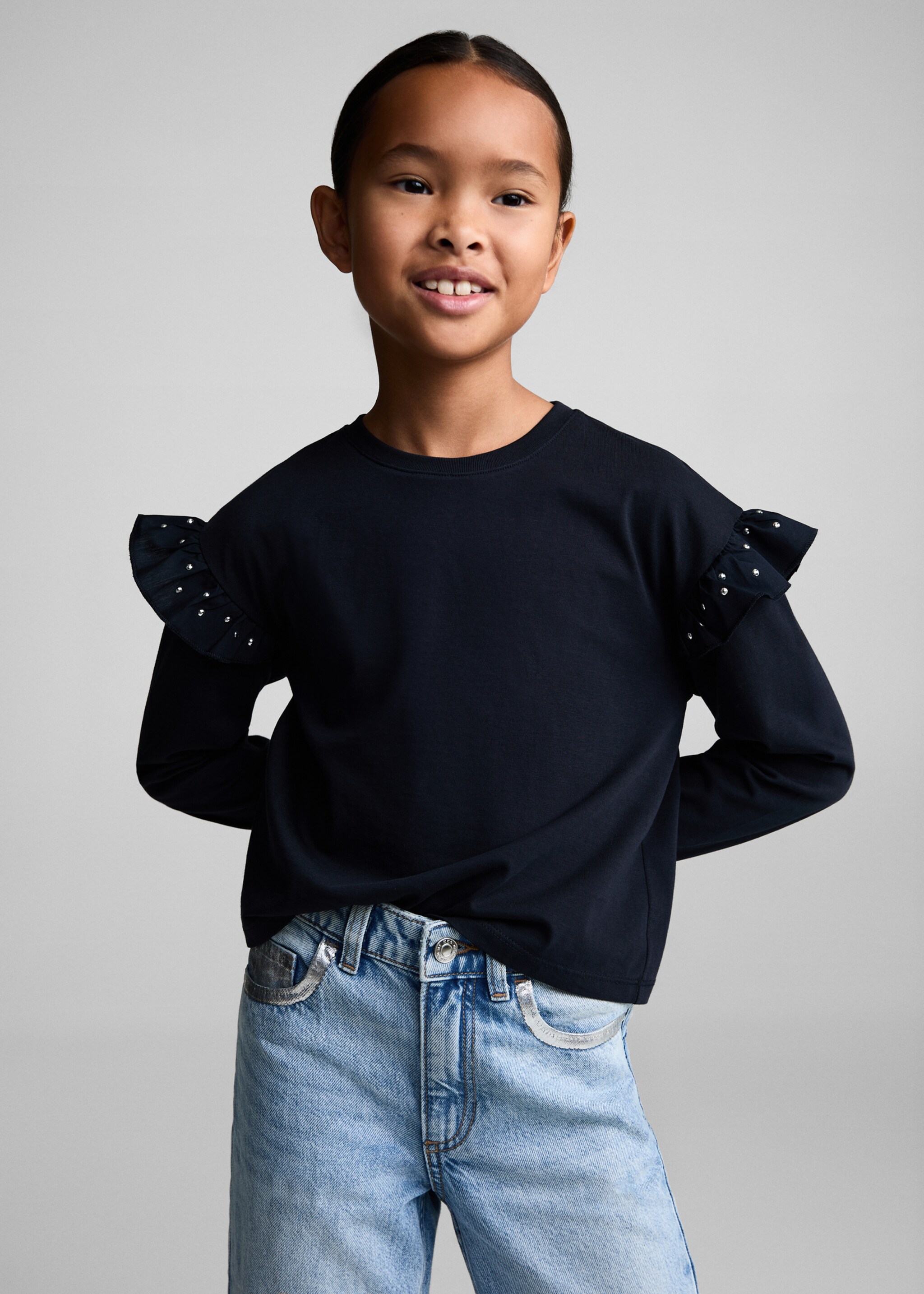 T-shirt with studded ruffles - Medium plane, Dark Navy. Ref: 77014801-00.