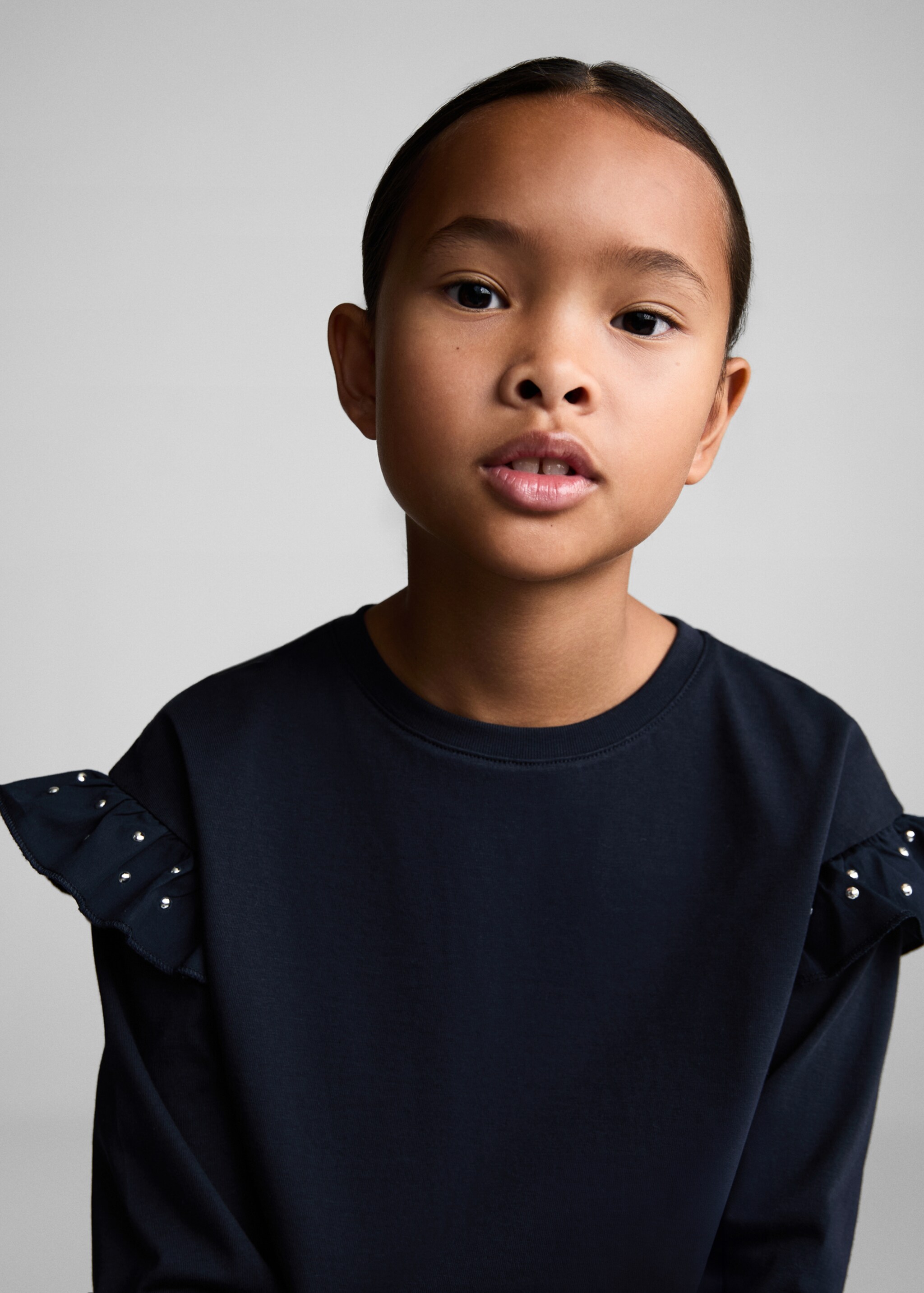 T-shirt with studded ruffles - Details of the article 1, Dark Navy. Ref: 77014801-00.