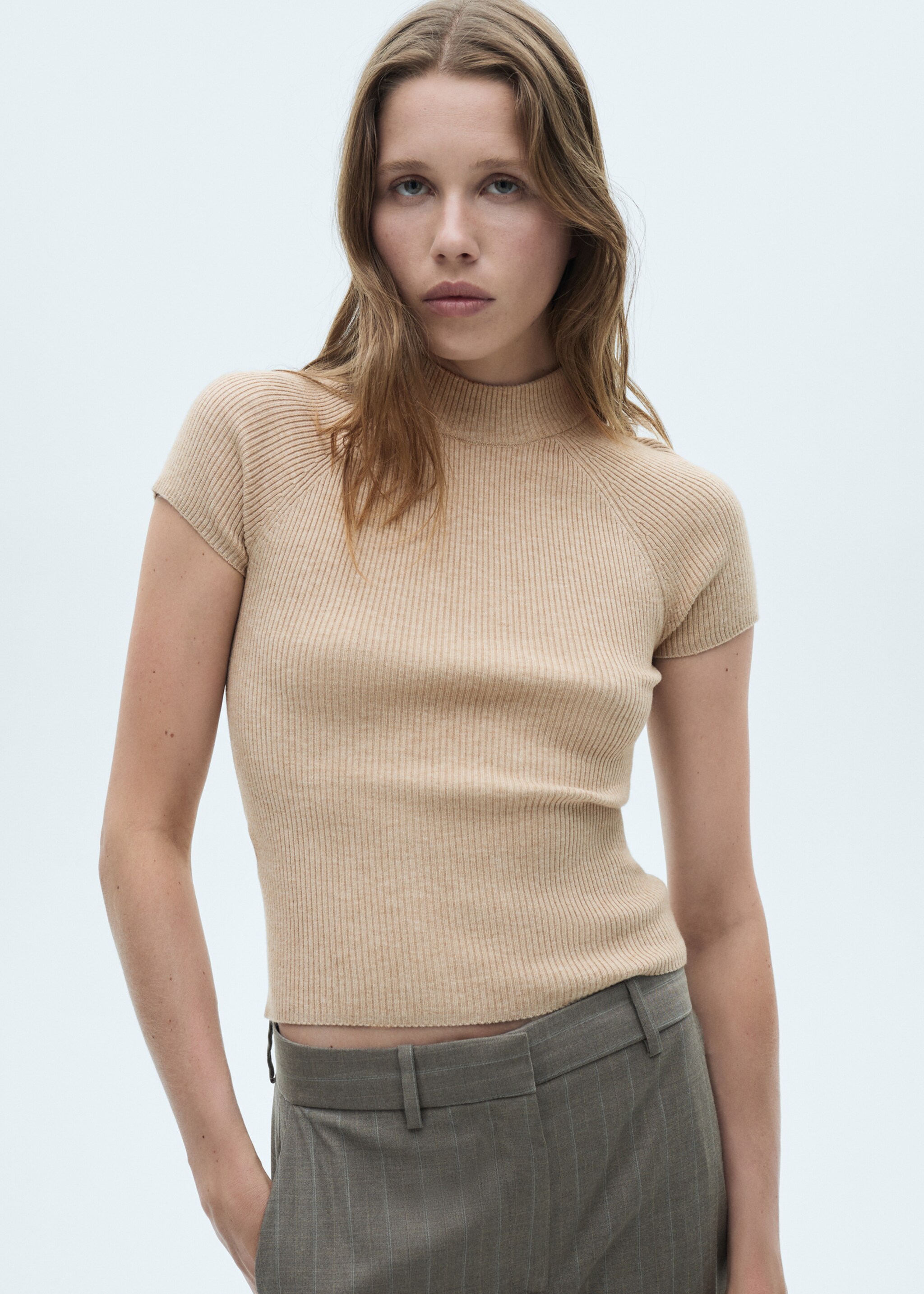 Ribbed t-shirt with perkins neck - Medium plane, Light/Pastel Grey. Ref: 77015652-00.