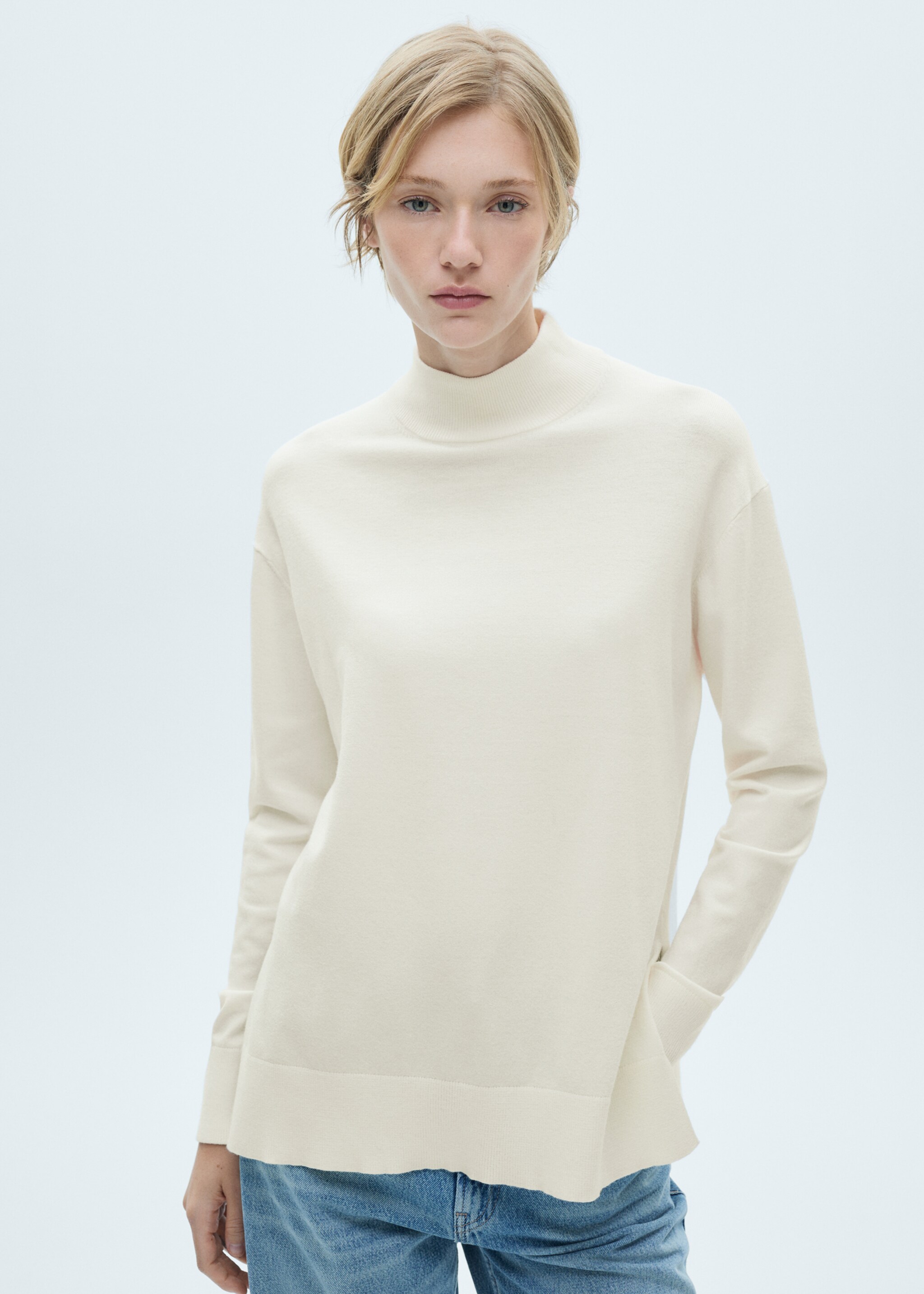 Knitted sweater with perkins neck - Medium plane, Ecru. Ref: 77015653-00.