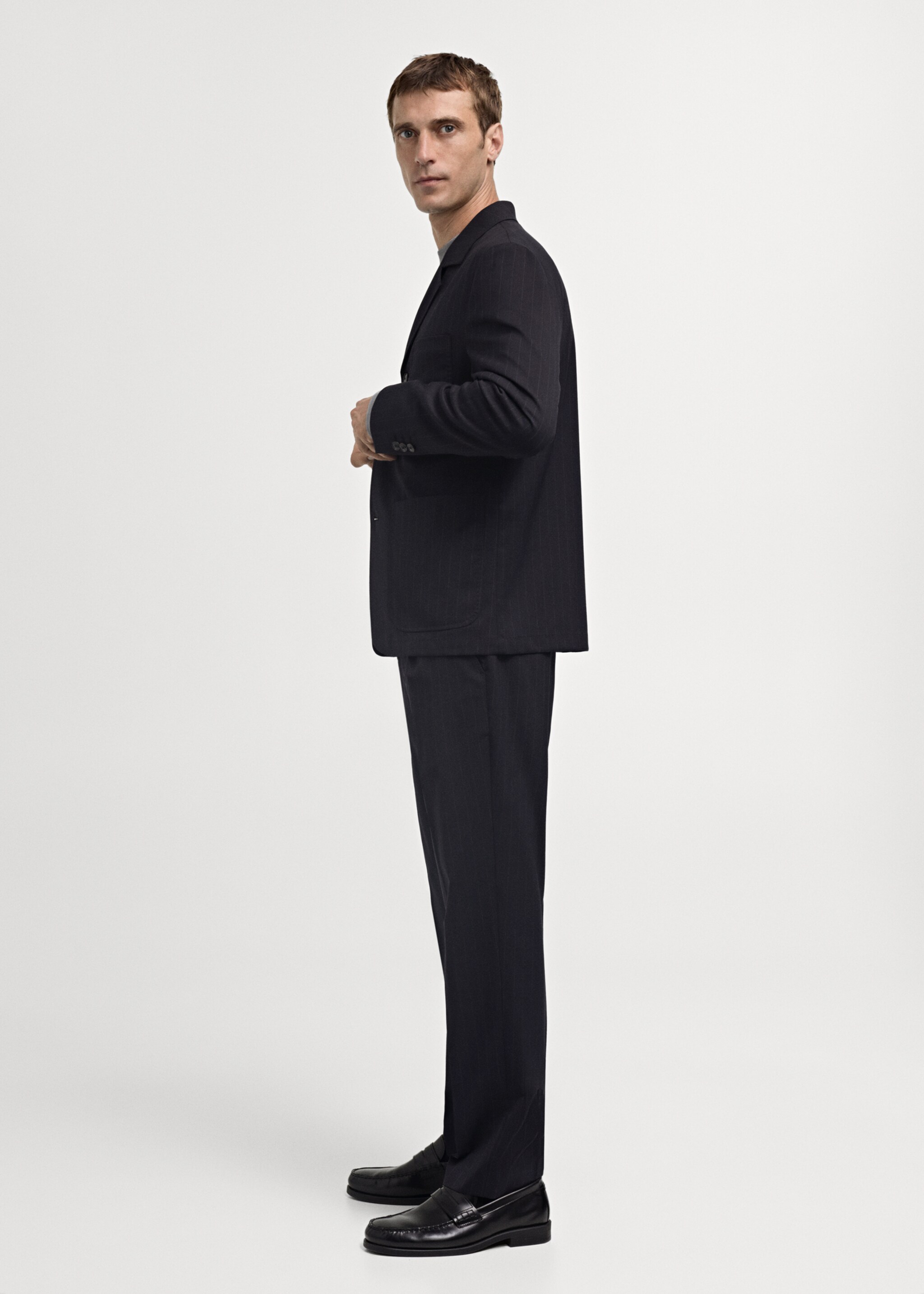 Wool slim-fit suit trousers with stripes - Details of the article 2, Dark Navy. Ref: 77015974-00.