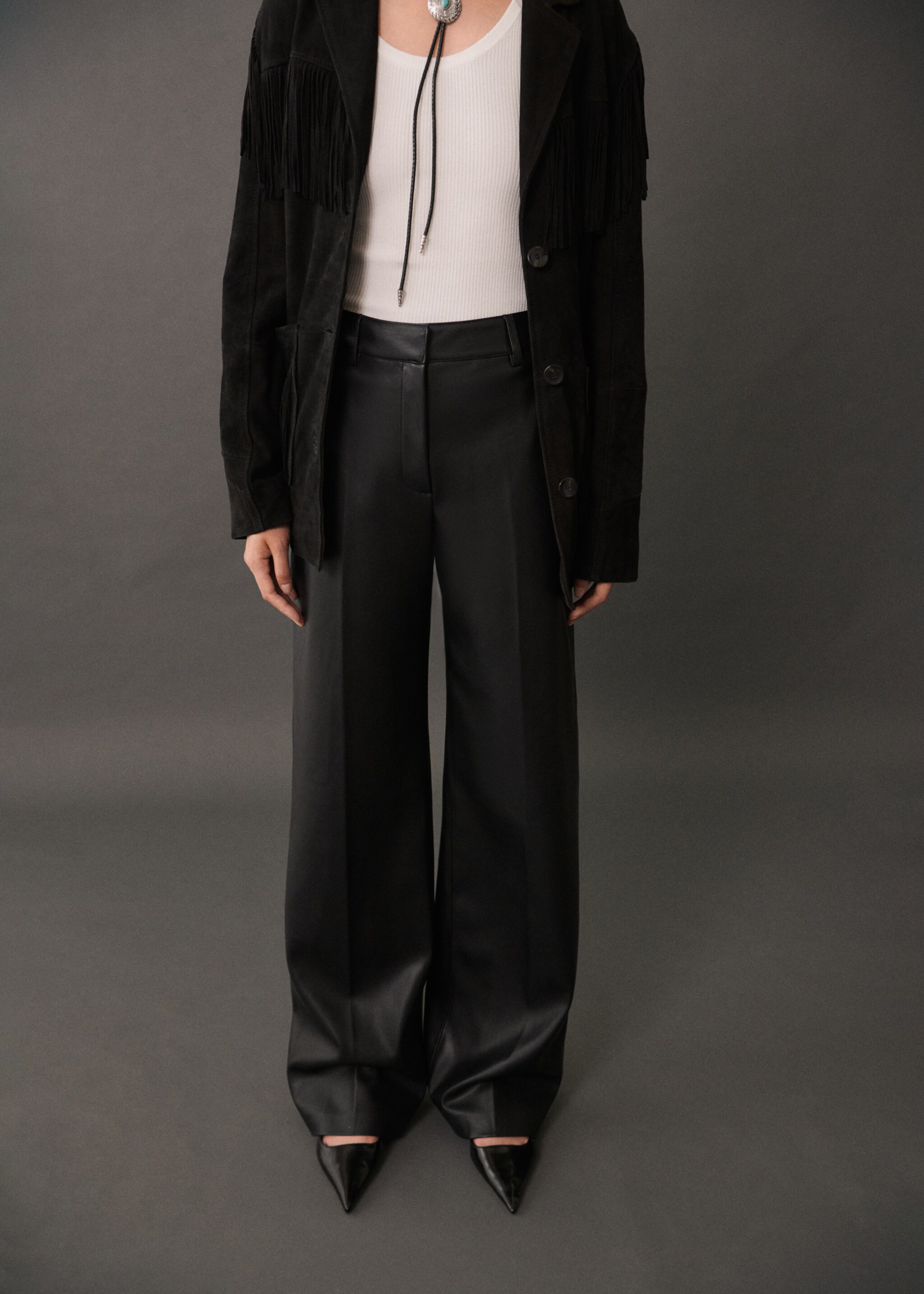 Wideleg broek van imitatieleer - Middenvlak, Zwart. Ref: 77016734-00.