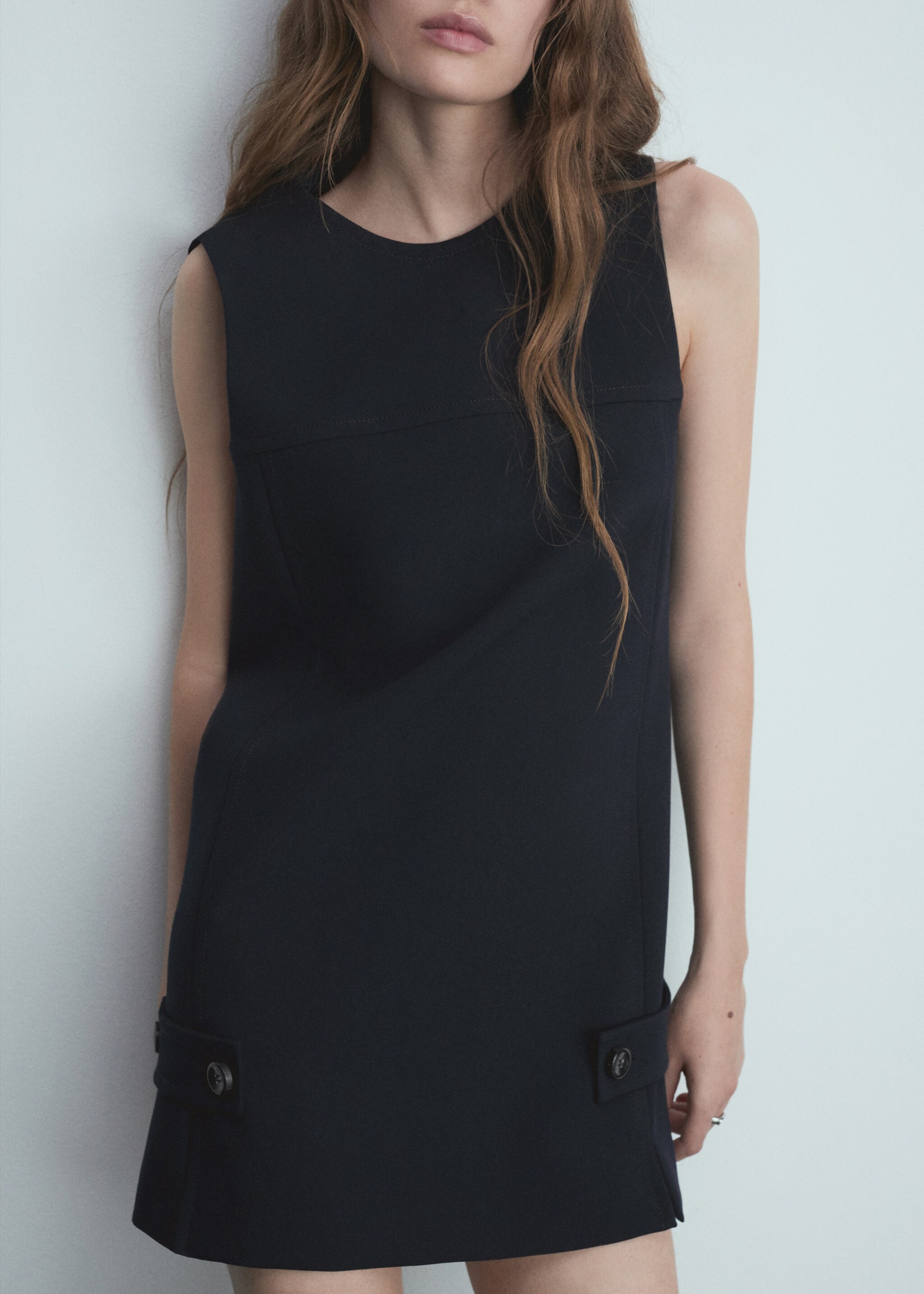 Short dress with decorative buttons - Details of the article 1, Dark Navy. Ref: 77016762-00.