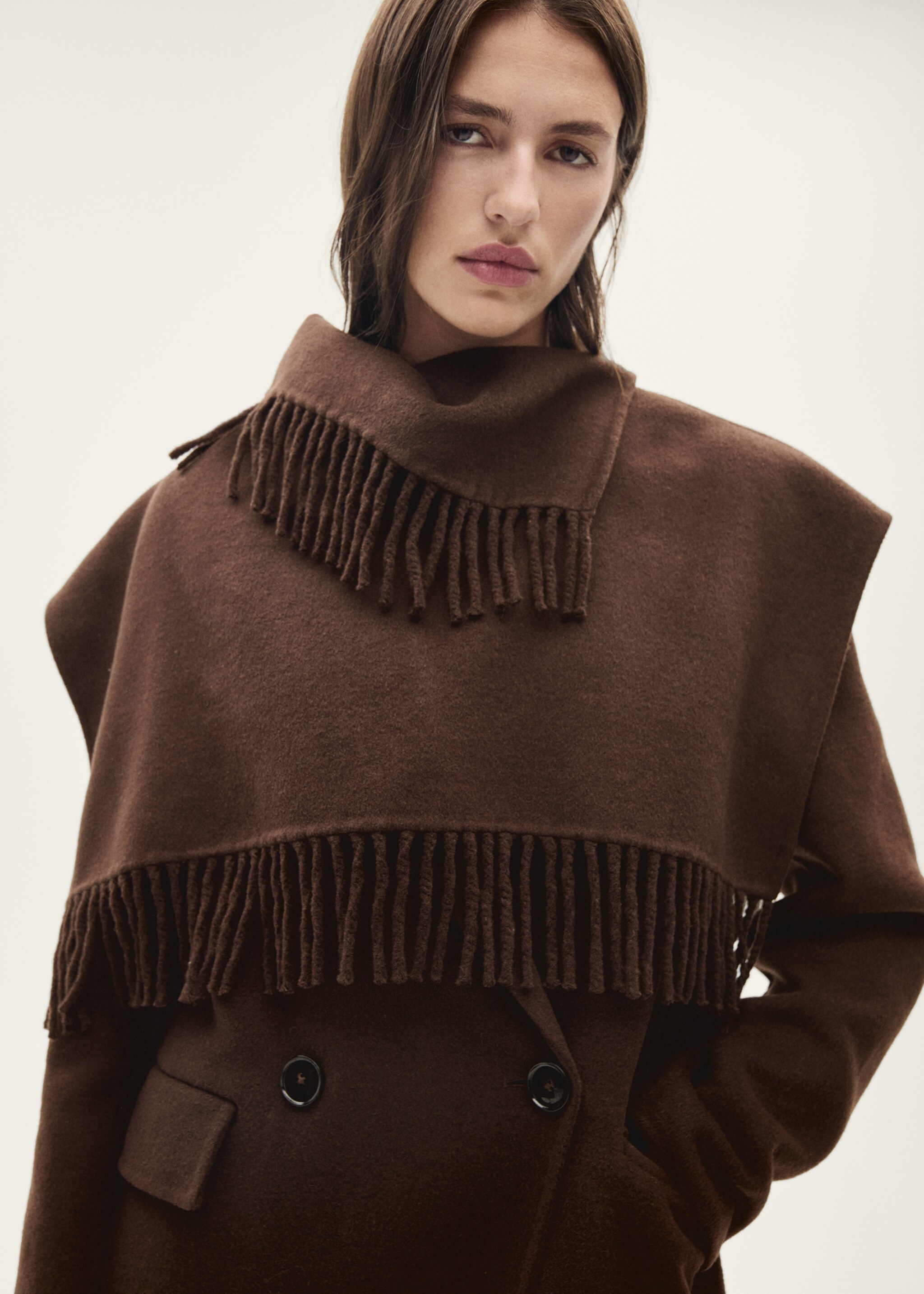 Manteau laine écharpe franges - Détail de l'article 1, Chocolat. Ref: 77017679-00.