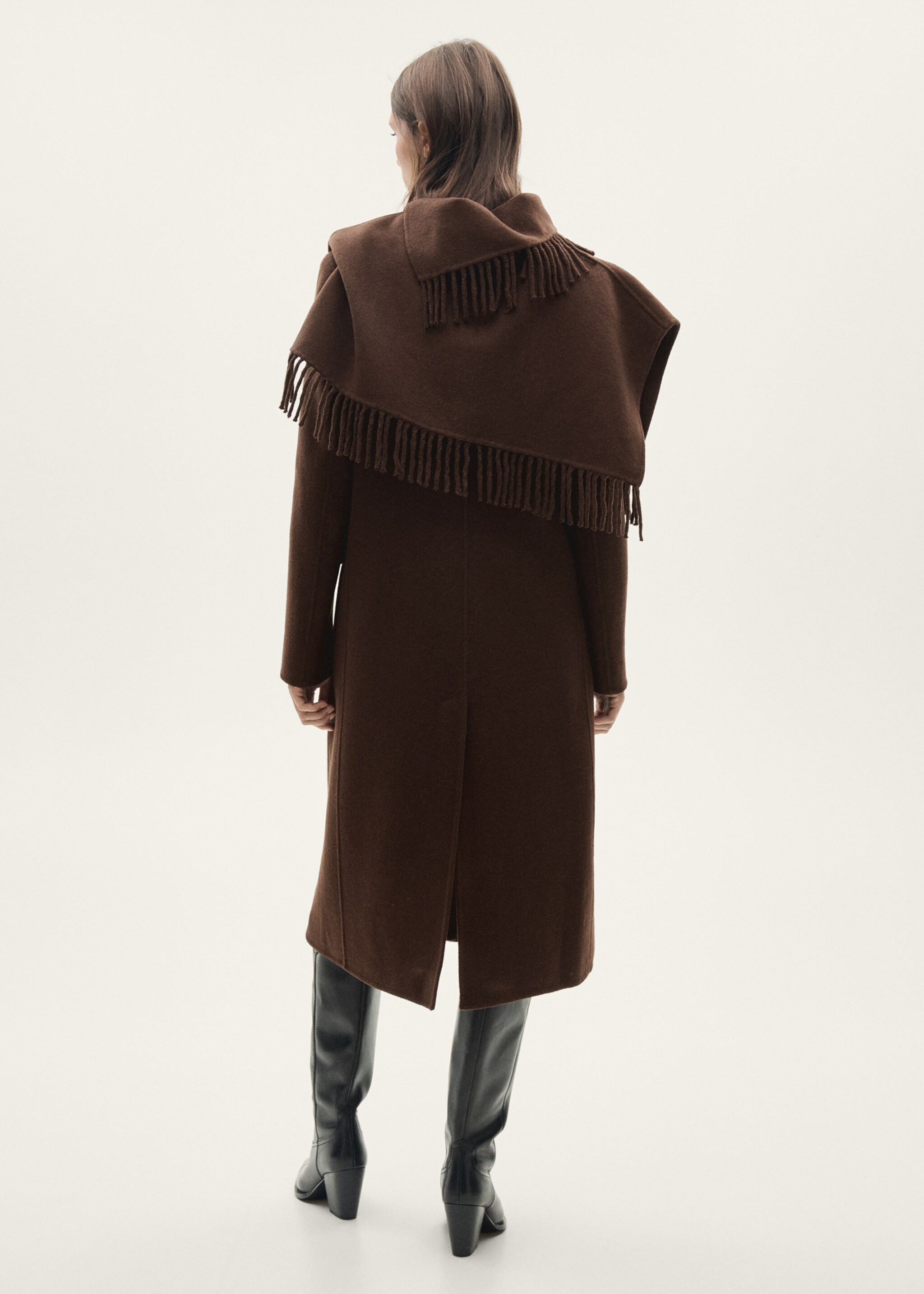 Manteau laine écharpe franges - Verso de l’article, Chocolat. Ref: 77017679-00.