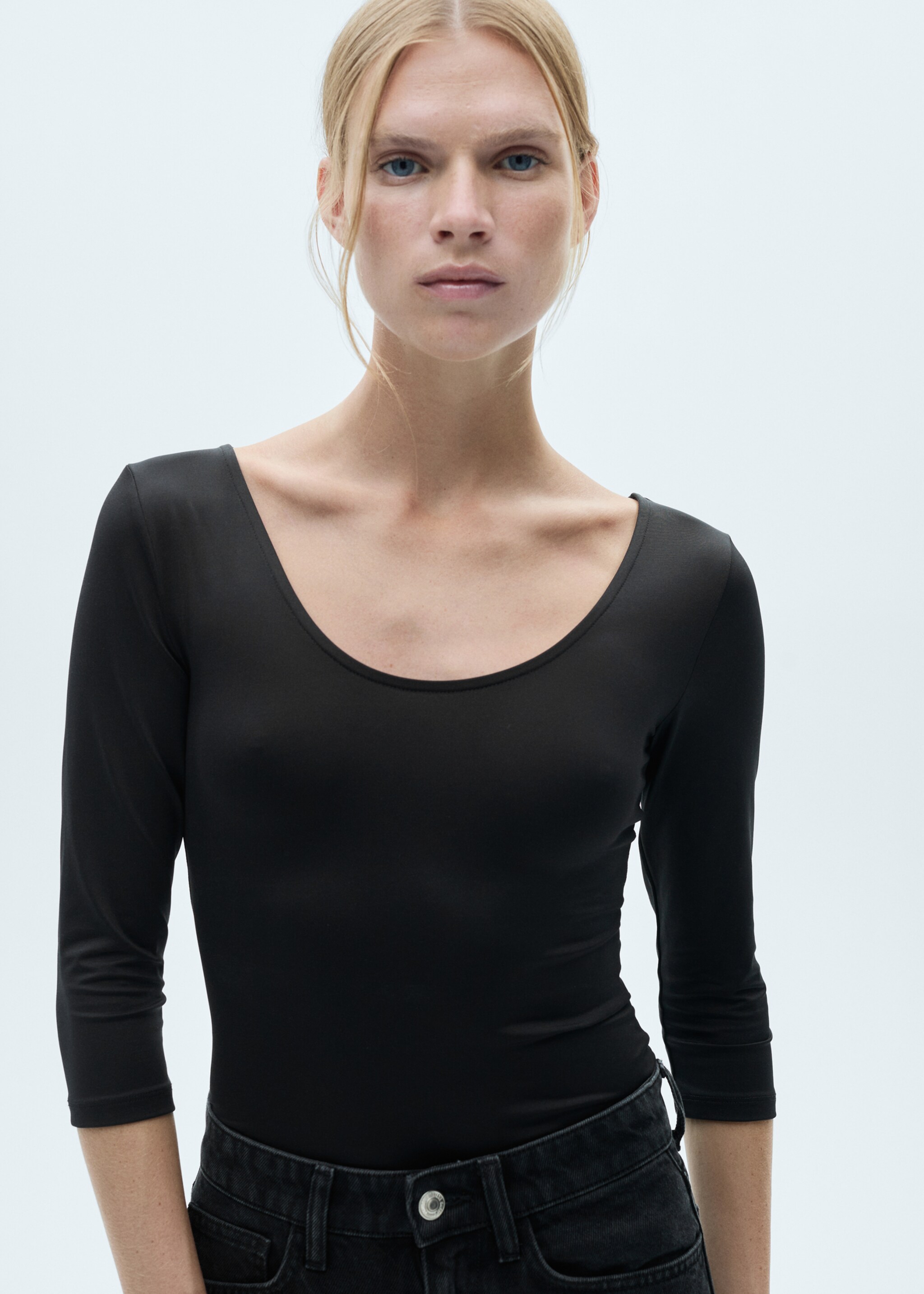 T-shirt met driekwartmouwen - Middenvlak, Zwart. Ref: 77017722-00.