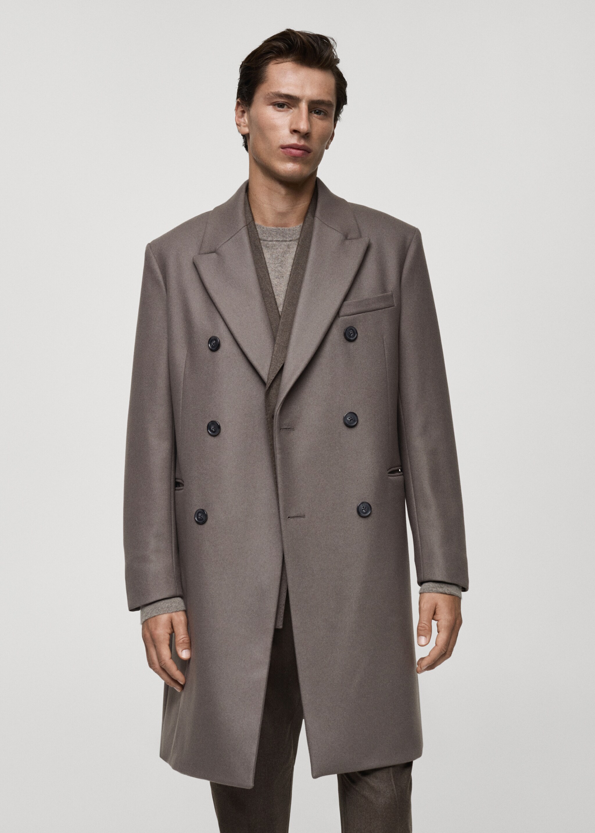 100% Italian wool double-breasted coat - Medium plane, Medium Brown. Ref: 77017919-00.