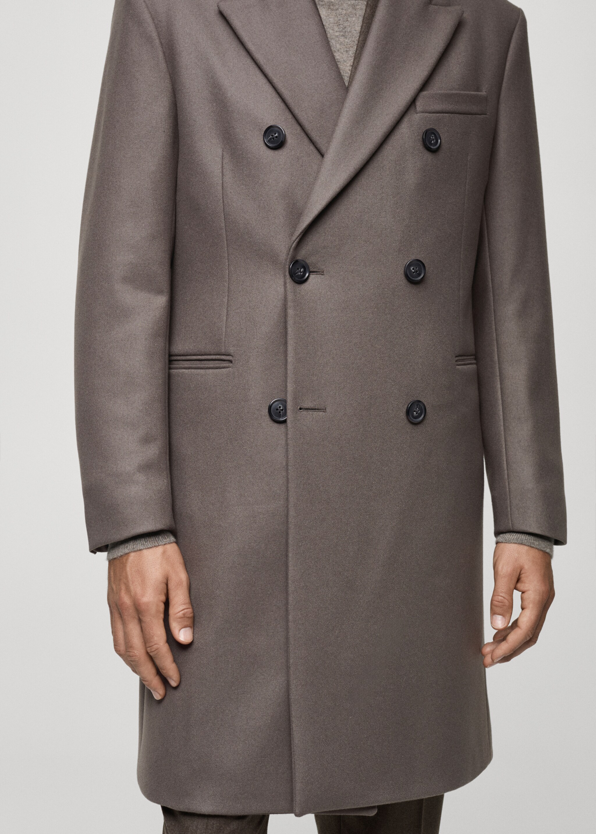 100% Italian wool double-breasted coat - Details of the article 6, Medium Brown. Ref: 77017919-00.