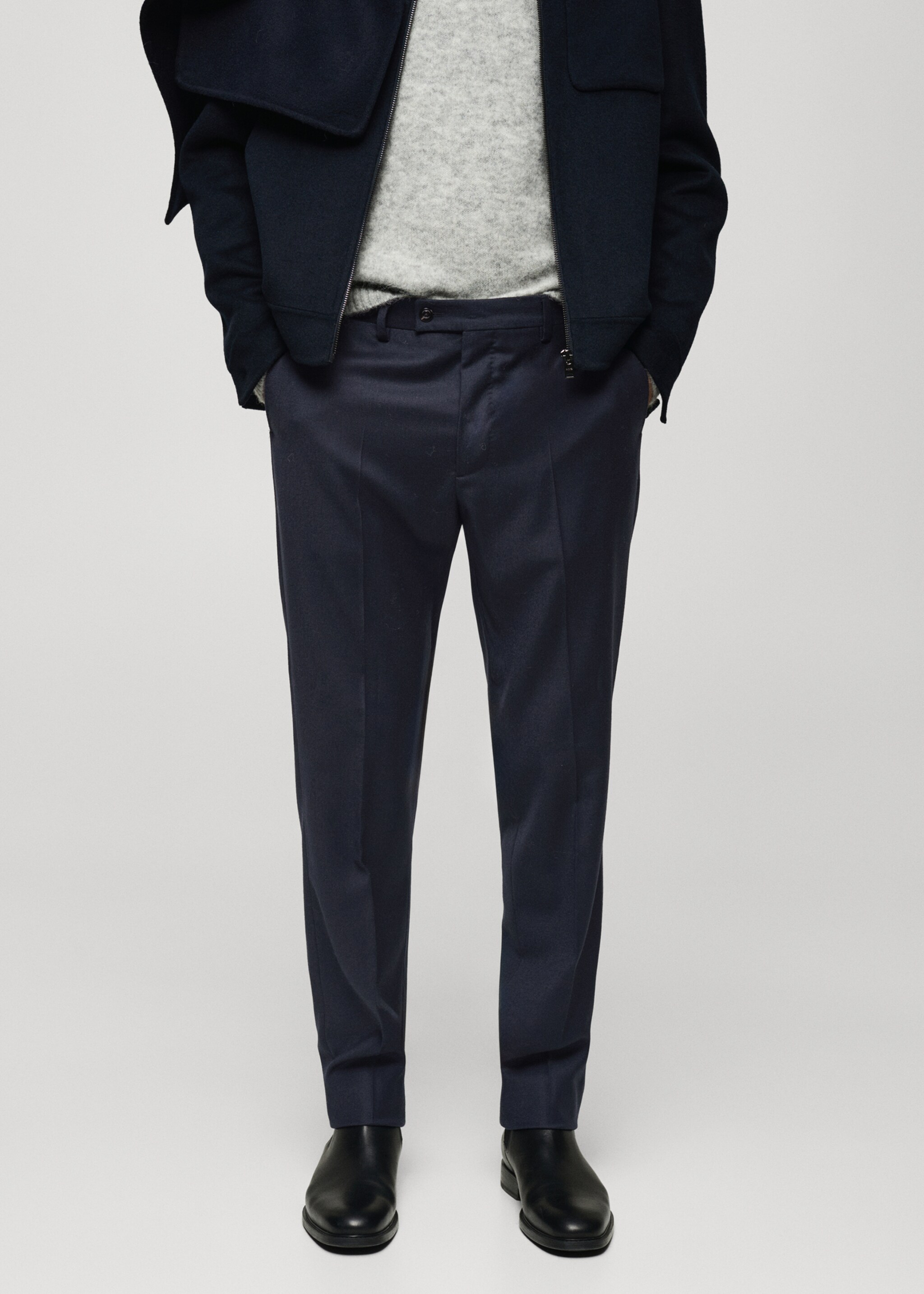 100% Italian virgin wool flannel suit trousers - Medium plane, Dark Navy. Ref: 77017926-00.