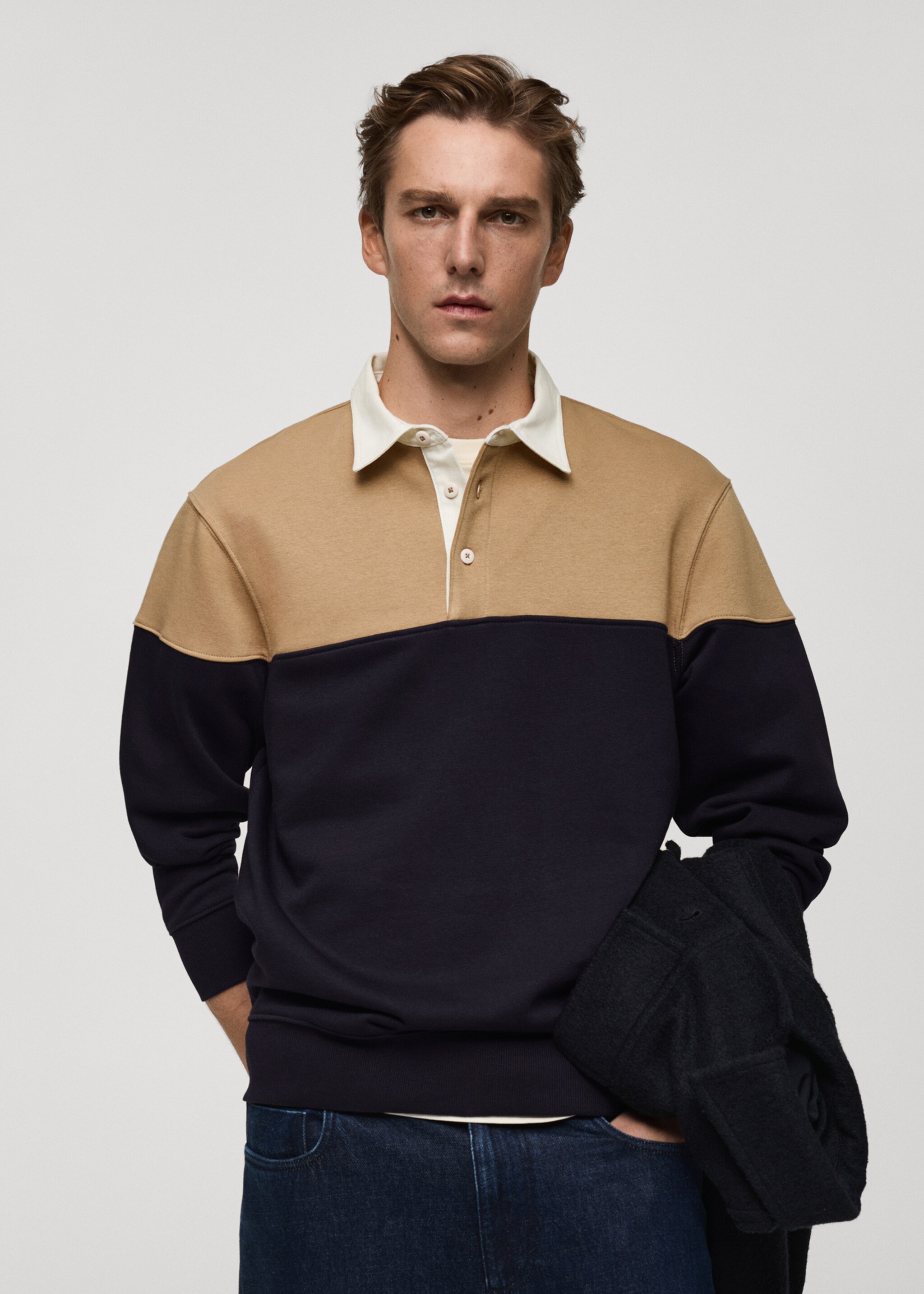 Two-tone cotton polo sweatshirt - Medium plane, Dark Navy. Ref: 77017939-00.
