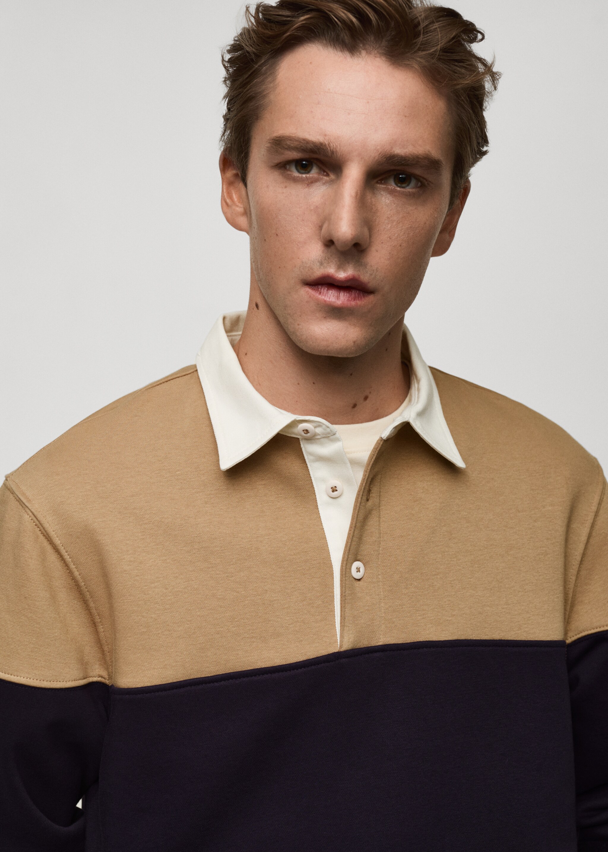 Two-tone cotton polo sweatshirt - Details of the article 1, Dark Navy. Ref: 77017939-00.