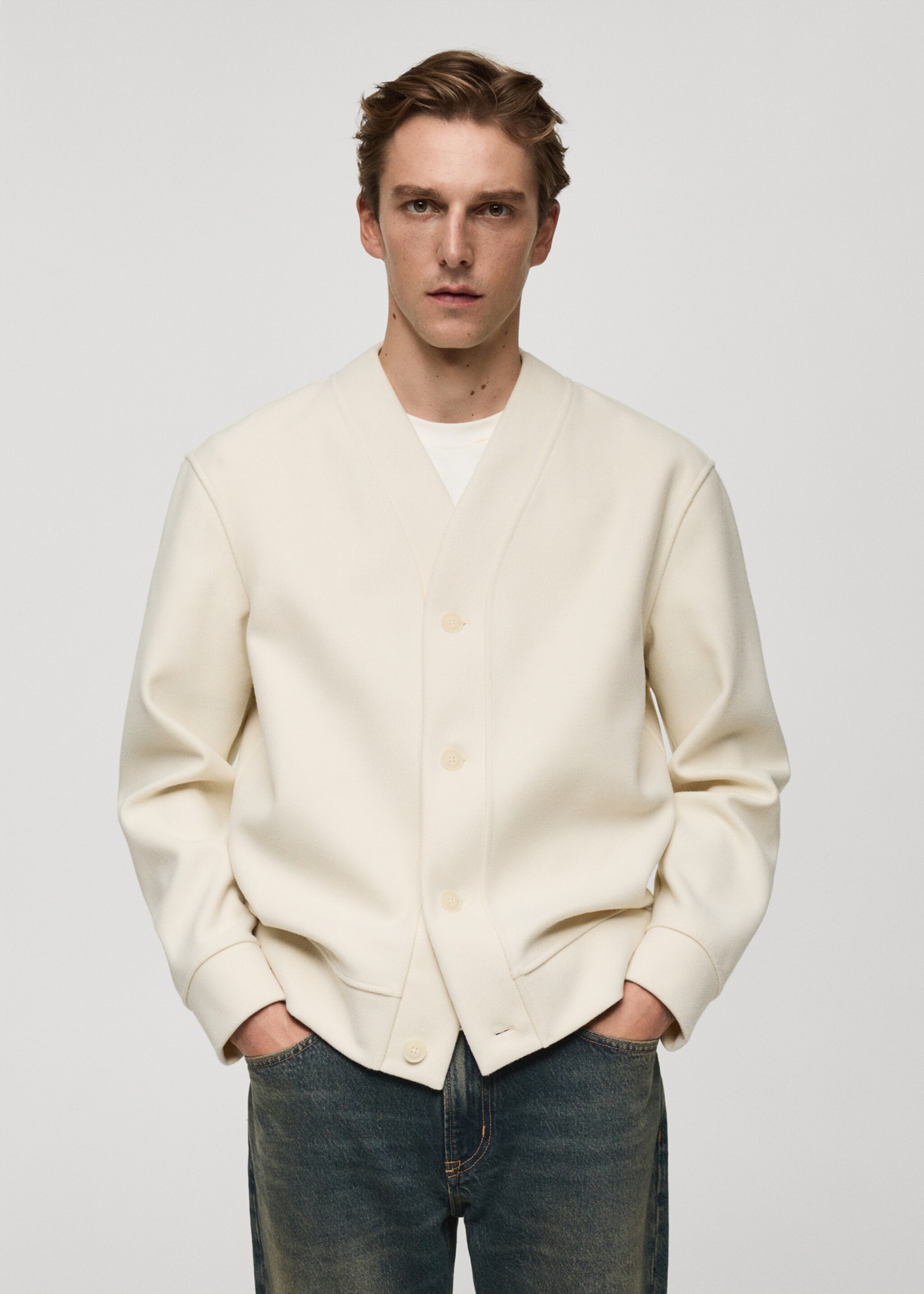 Cardigan flanella relaxed-fit - Piano medio, Grezzo. Ref: 77017940-00.