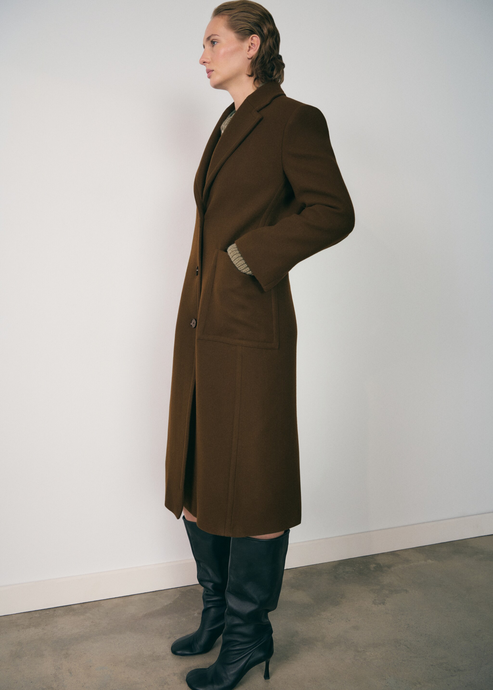 Manteau laine vierge poches - Détail de l'article 2, Kaki. Ref: 77017942-00.