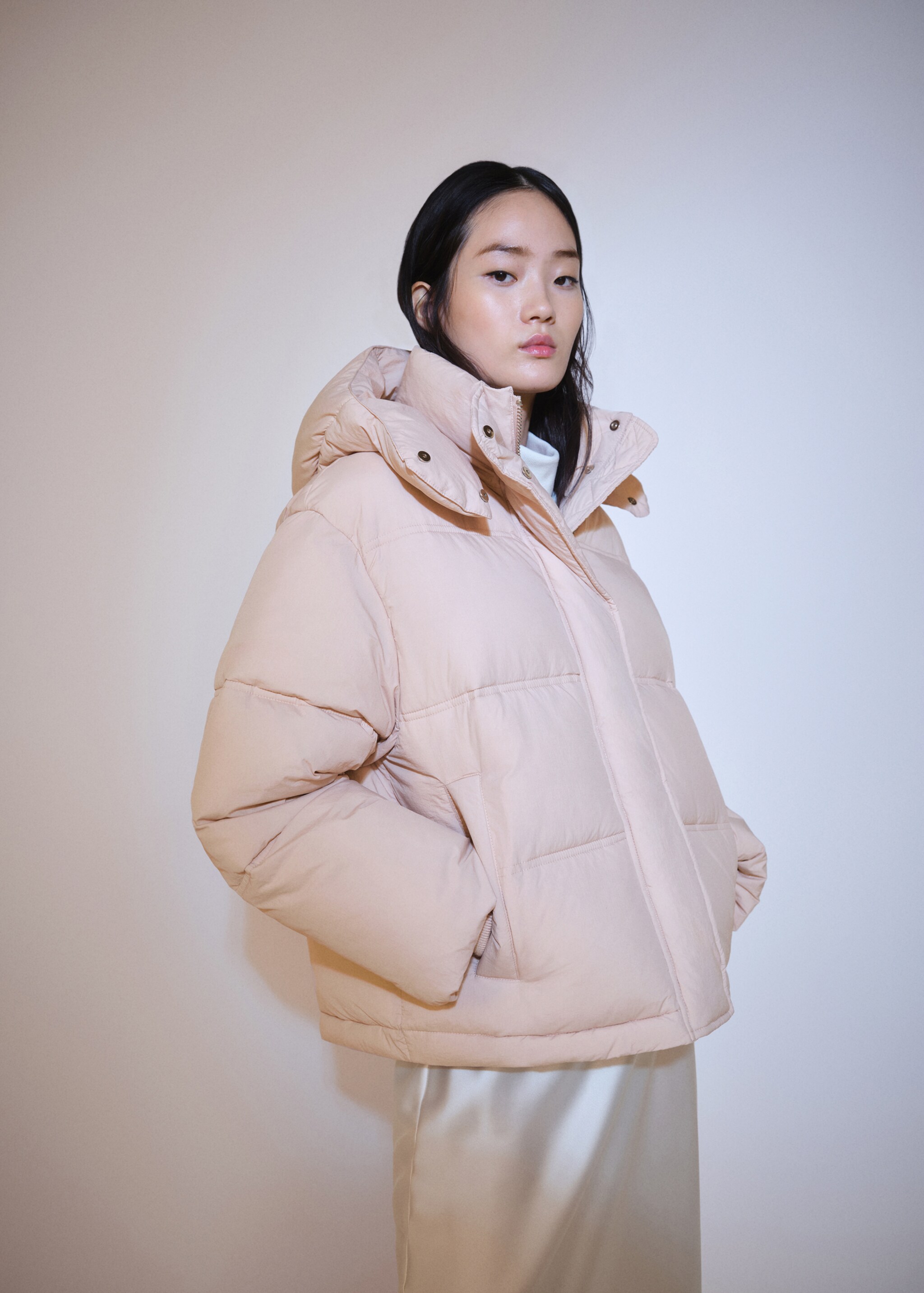 Short padded hooded anorak - Medium plane, Pastel Pink. Ref: 77018266-00.