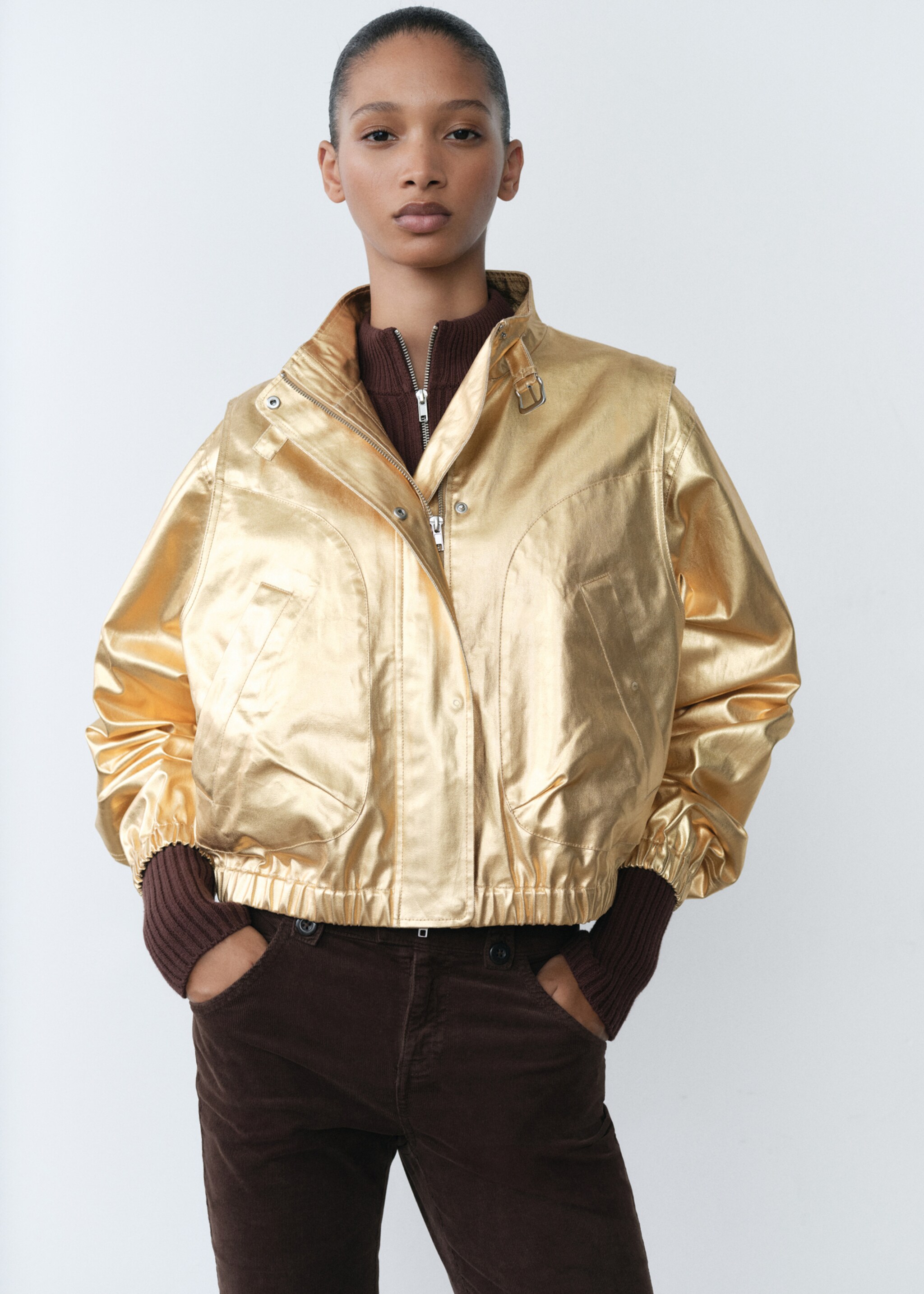 Τζάκετ bomber denim μεταλιζέ - Μεσαίο πλάνο, Χρυσό. Ref: 77018635-00.