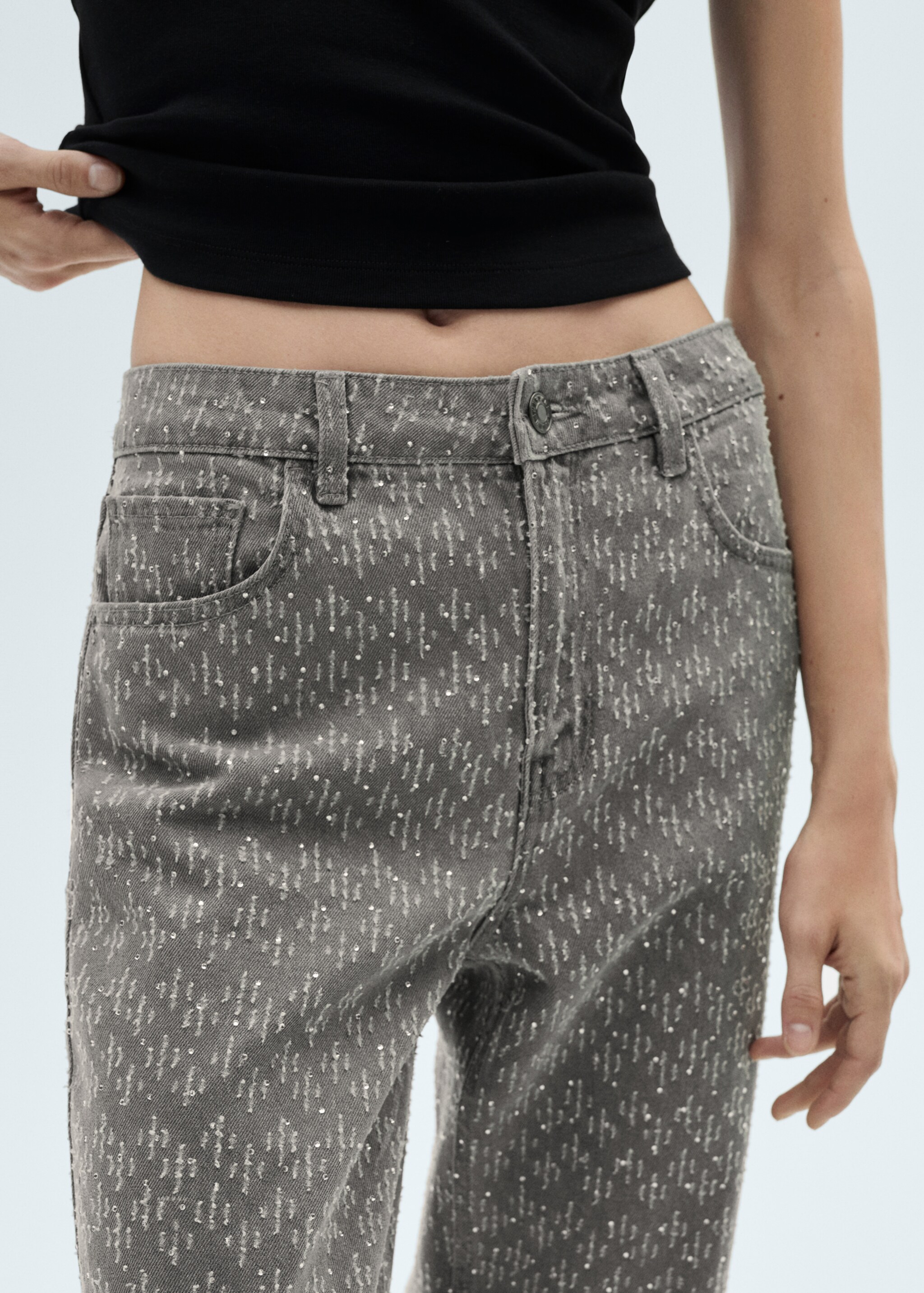 Straight-fit jeans with rhinestone detail - Details of the article 1, Denim Grey. Ref: 77019057-00.