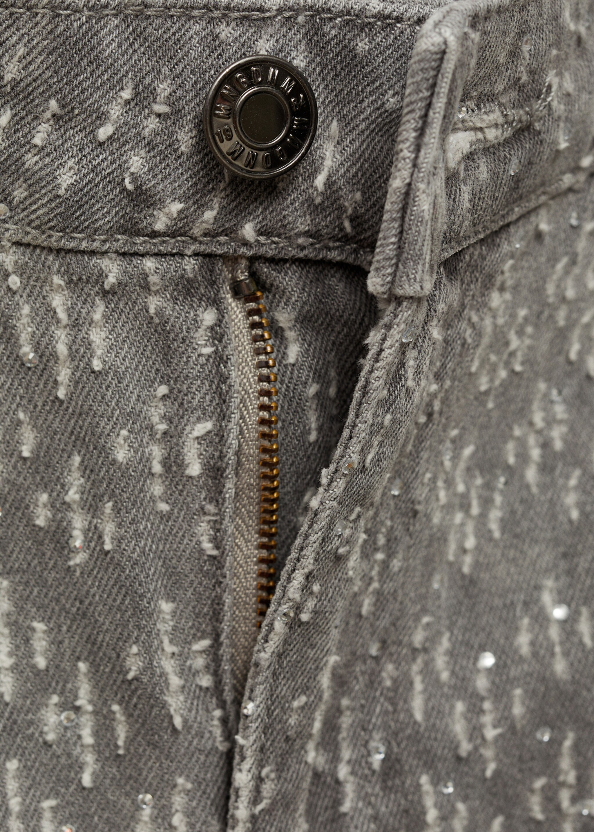Straight-fit jeans with rhinestone detail - Details of the article 8, Denim Grey. Ref: 77019057-00.