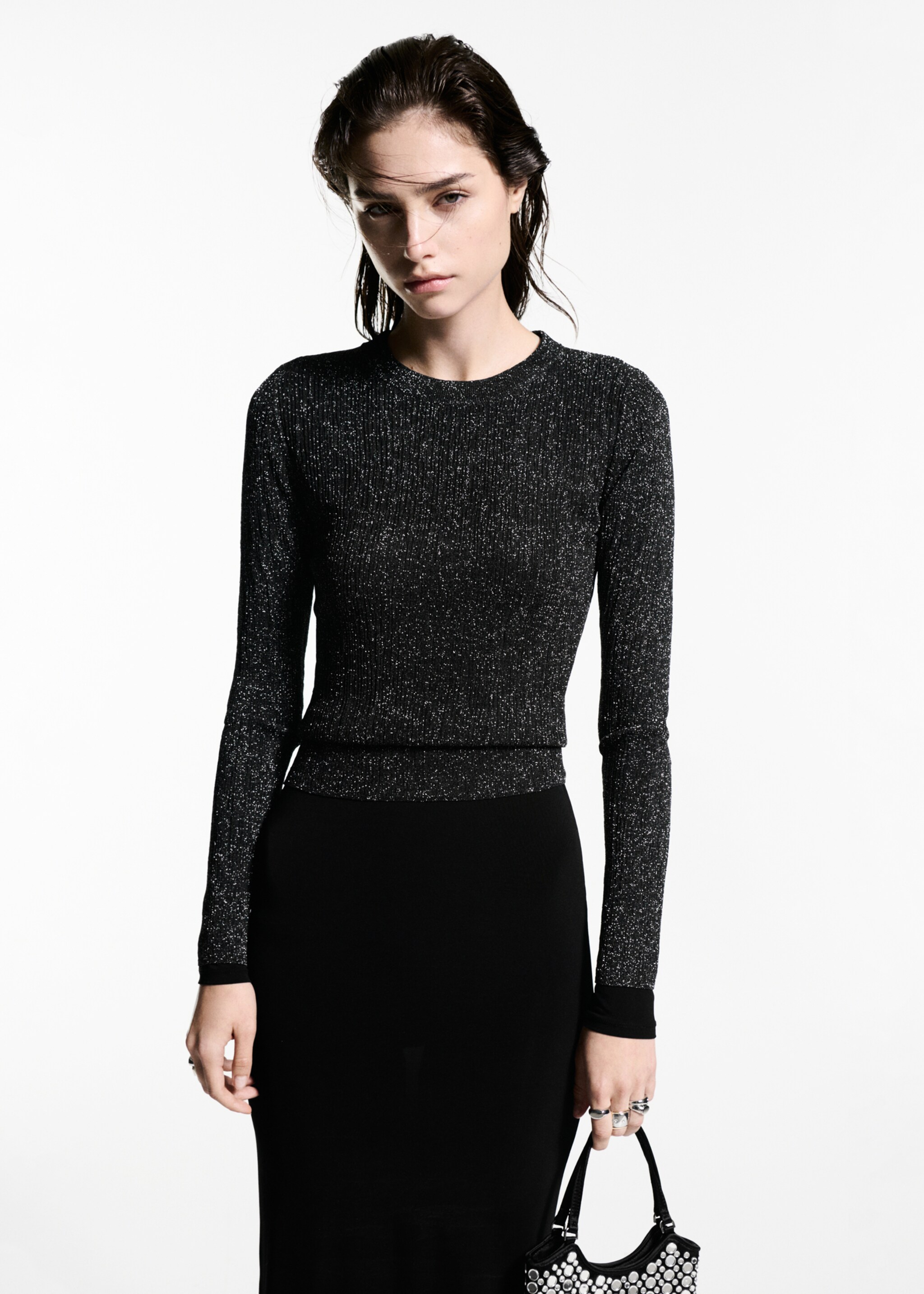 Crewneck lurex sweater - Medium plane, Black. Ref: 77019061-00.