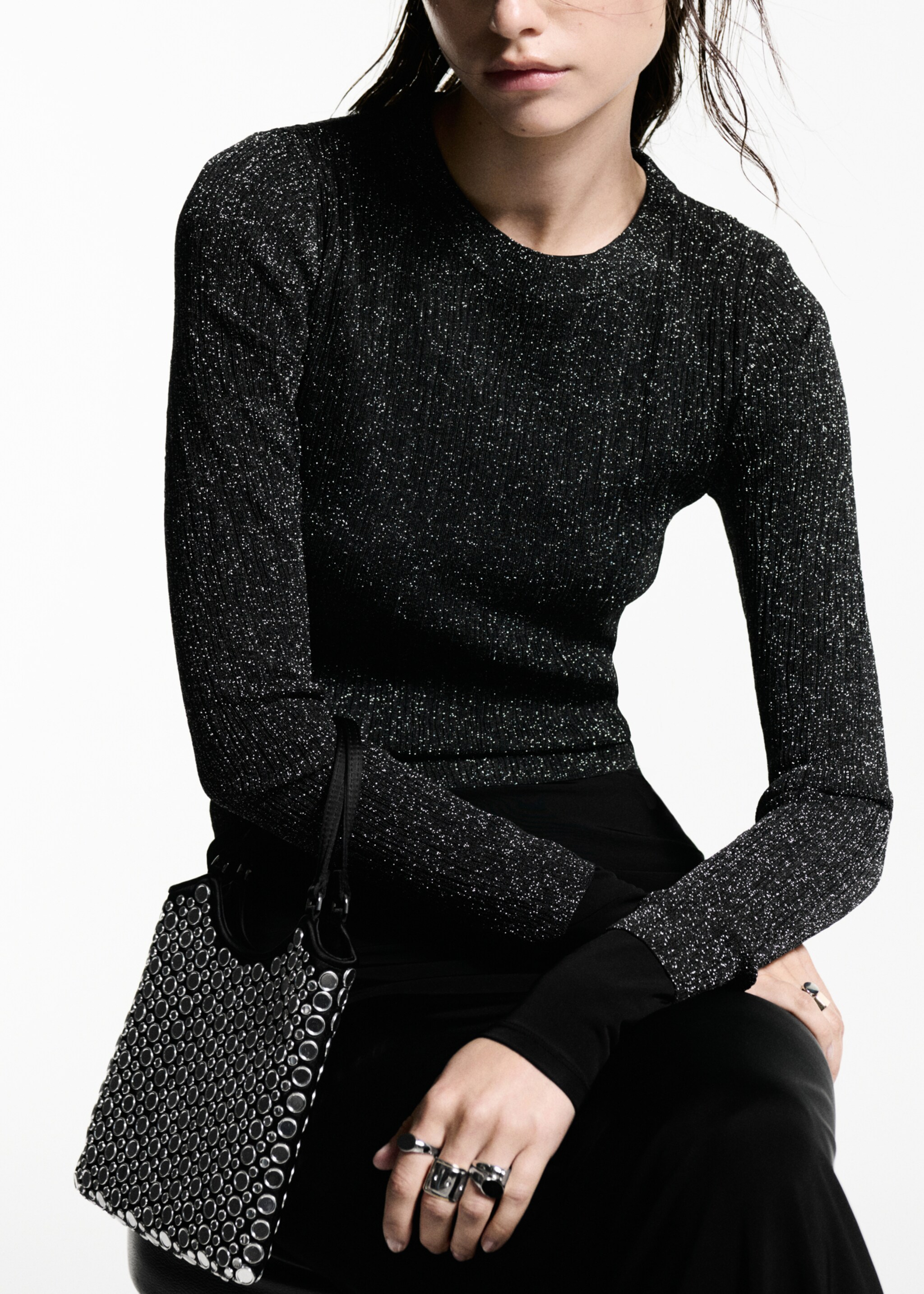 Crewneck lurex sweater - Details of the article 6, Black. Ref: 77019061-00.