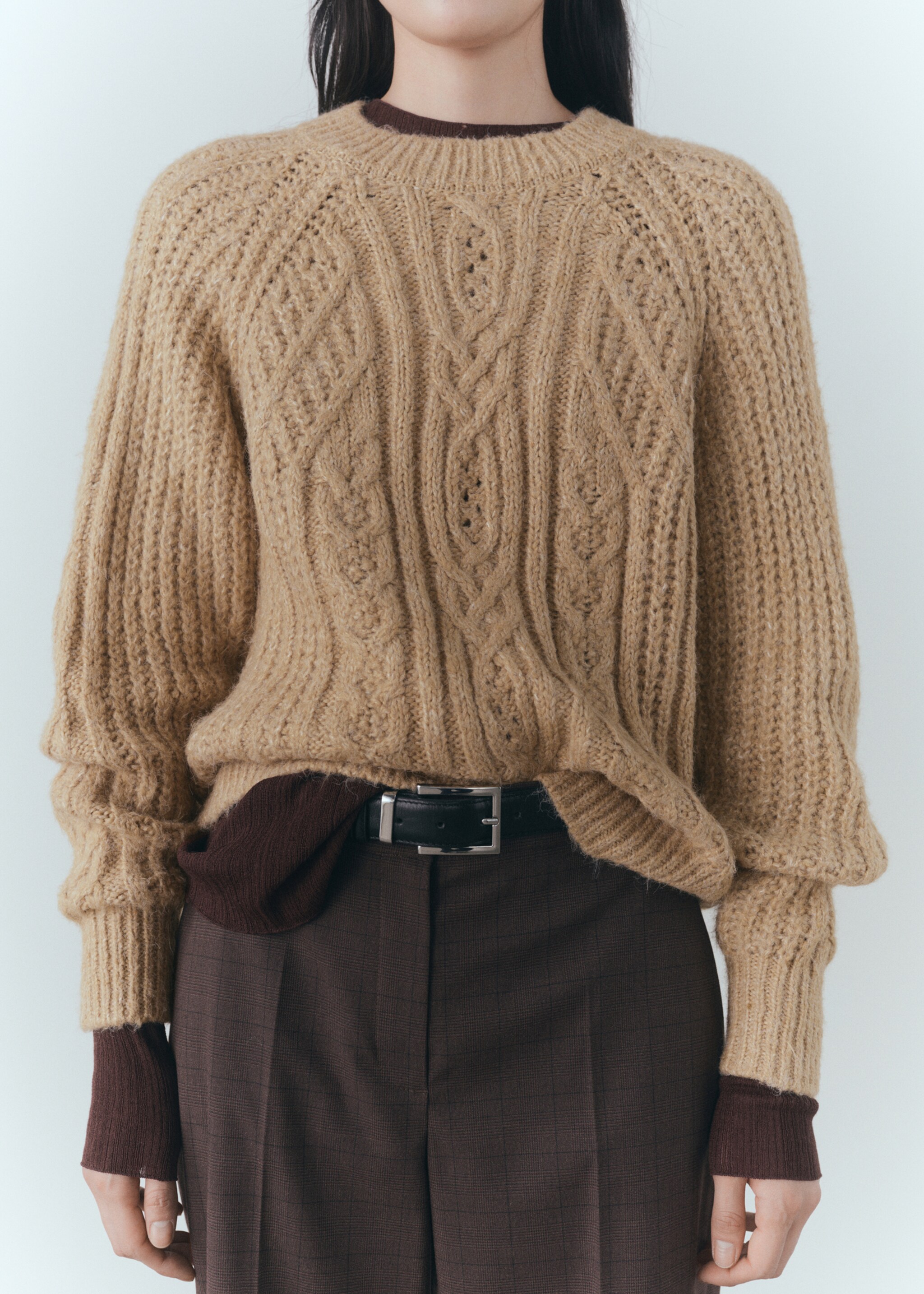 Thick knit round neck sweater - Medium plane, Medium Brown. Ref: 77019062-00.
