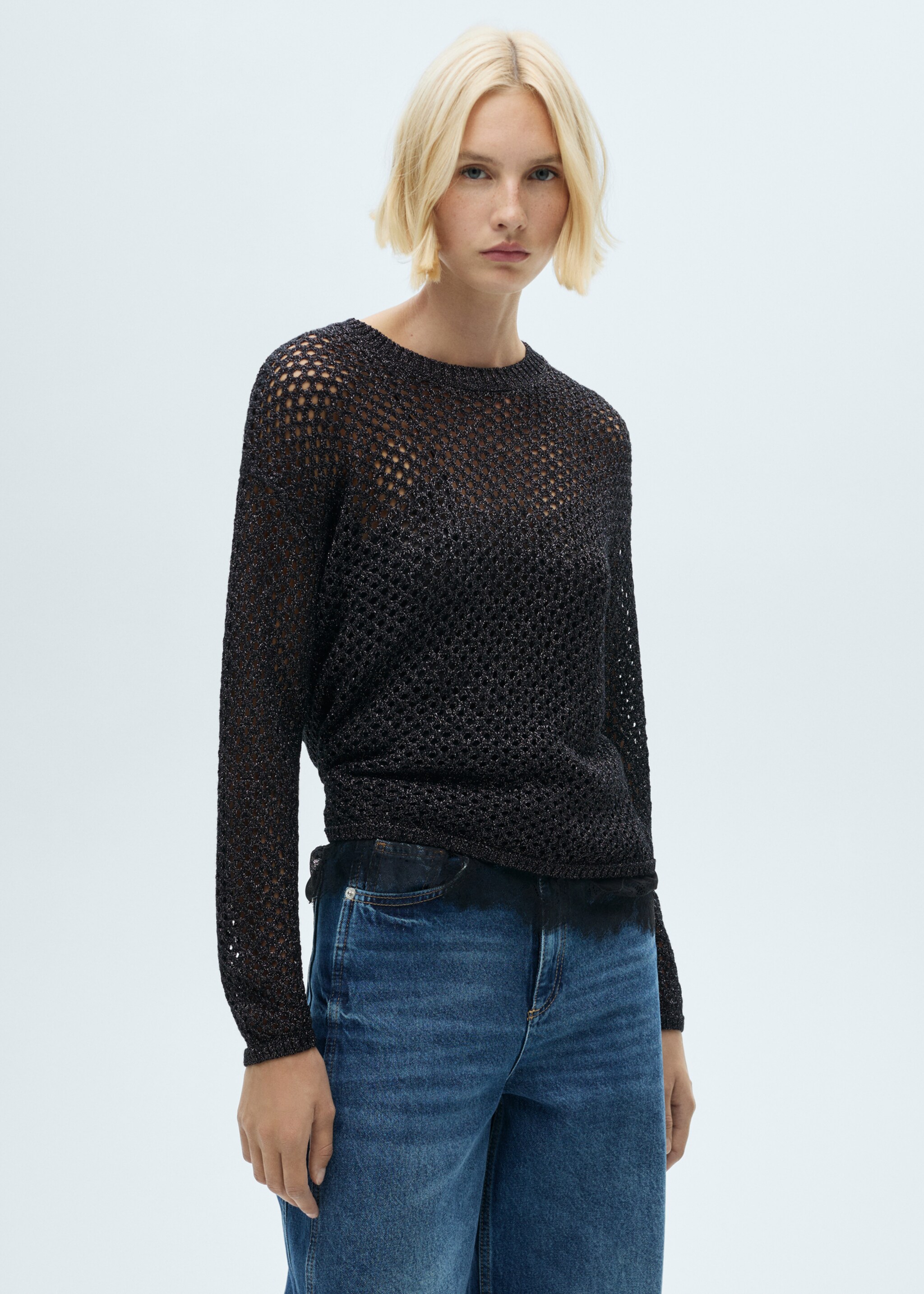 Hålstickad tröja lurex - Bild av mittparti, Svart. Ref: 77019079-00.