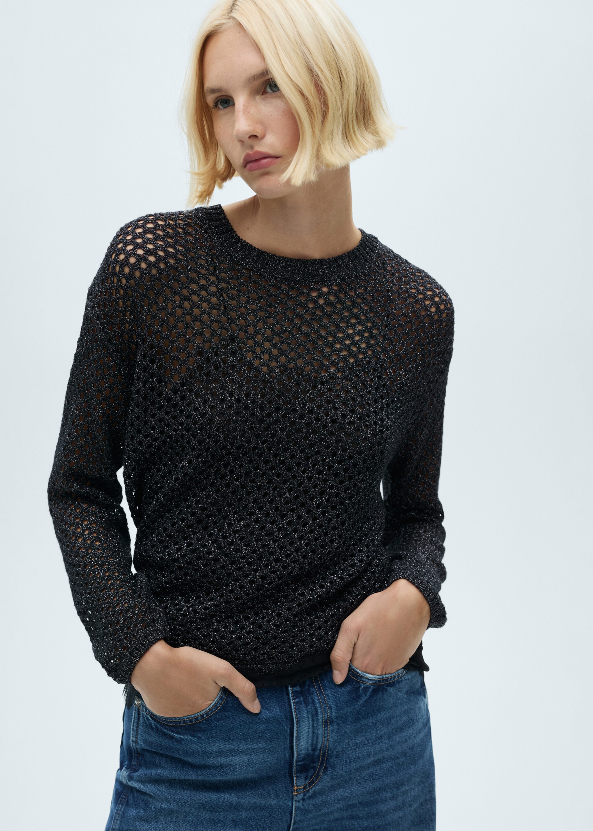 Hålstickad tröja lurex - Detaljer om artikeln 2, Svart. Ref: 77019079-00.