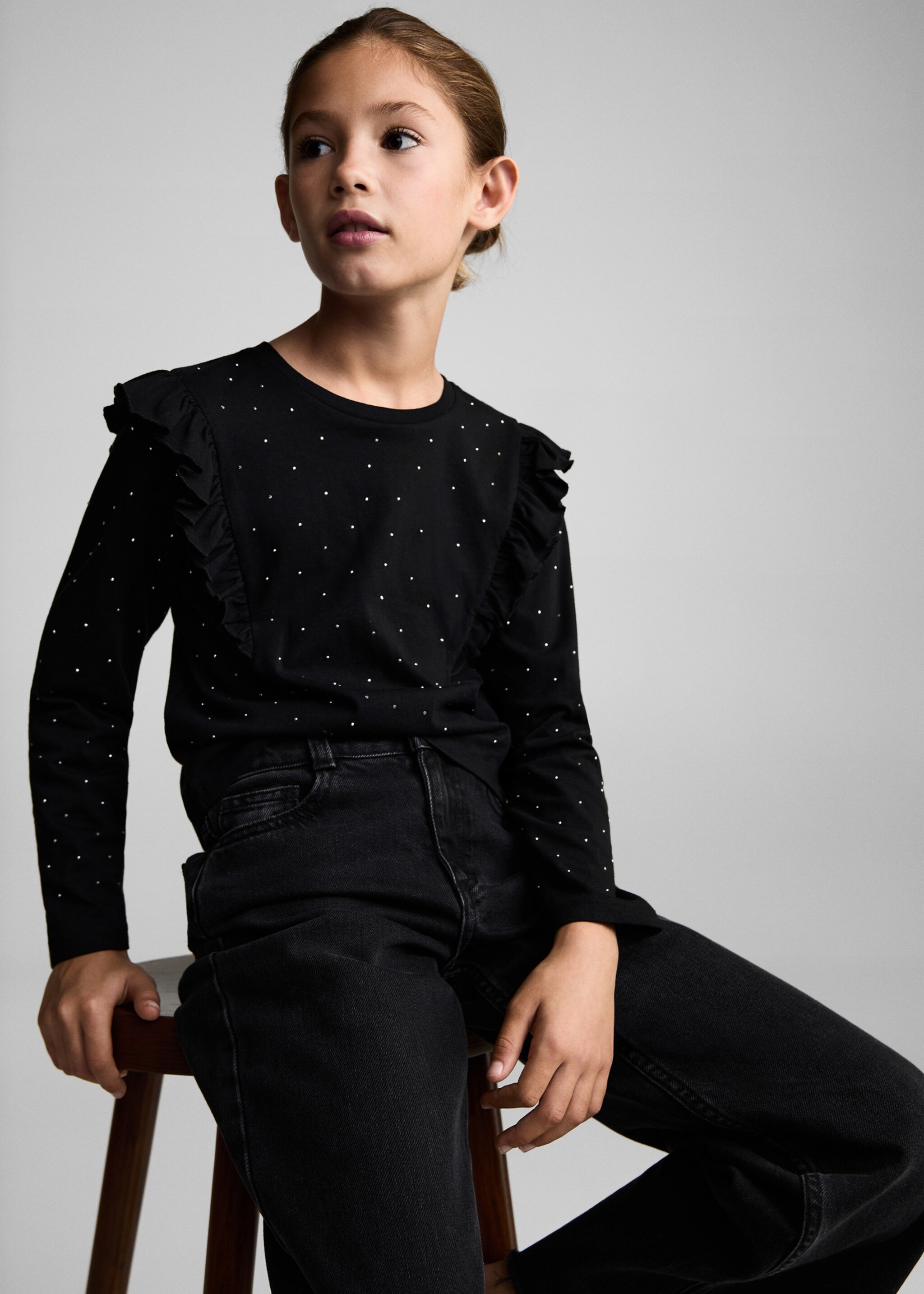 Ruffle rhinestones t-shirt - Medium plane, Black. Ref: 77019238-00.
