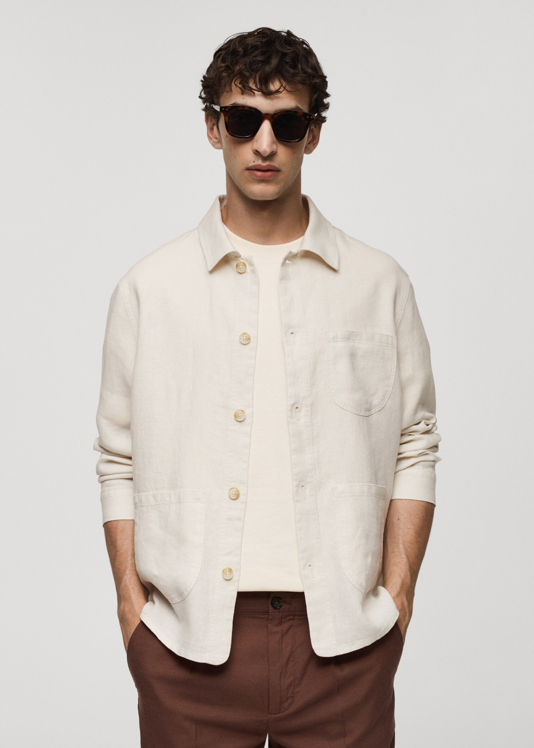 100% linen overshirt with pockets - Medium plane, White. Ref: 77020567-00.