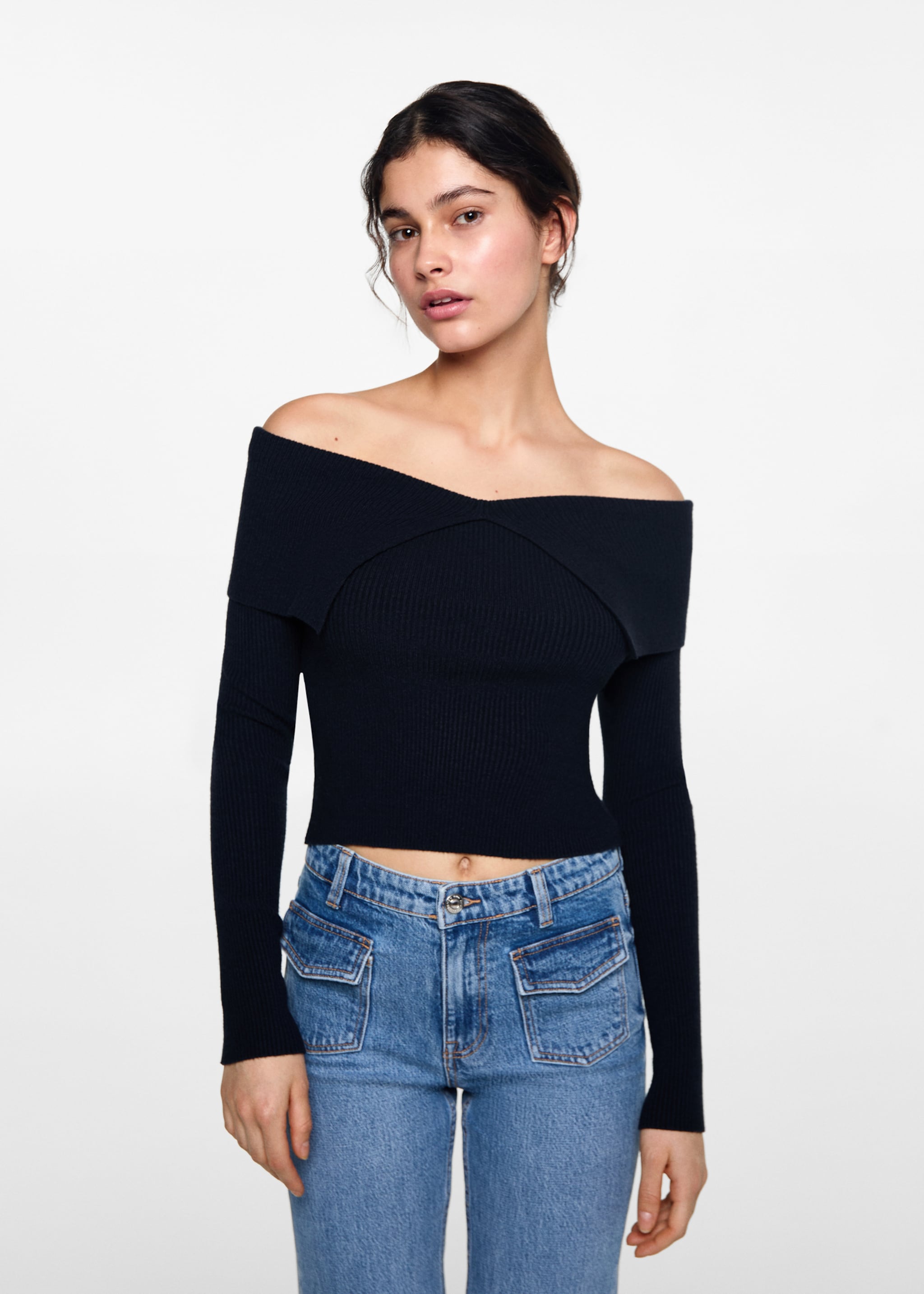 Pull maille épaules dénudées - Plan moyen, Bleu marine foncé. Ref: 77022935-00.