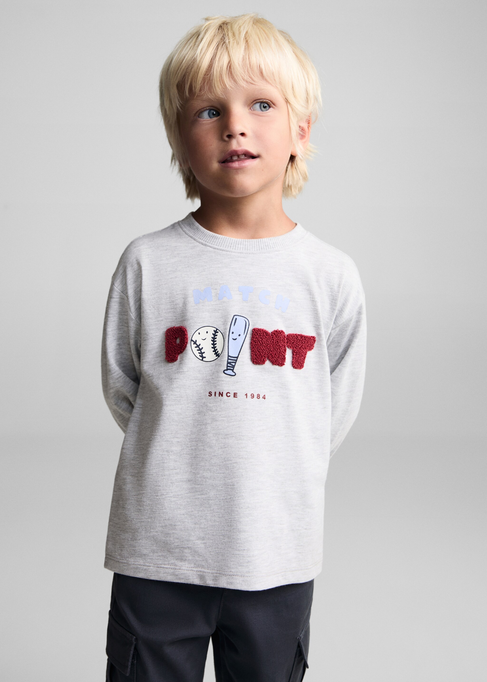 Langärmliges T-Shirt mit Reliefmuster - Mittlere Ansicht, Mittelgrau meliert. Ref: 77023290-00.