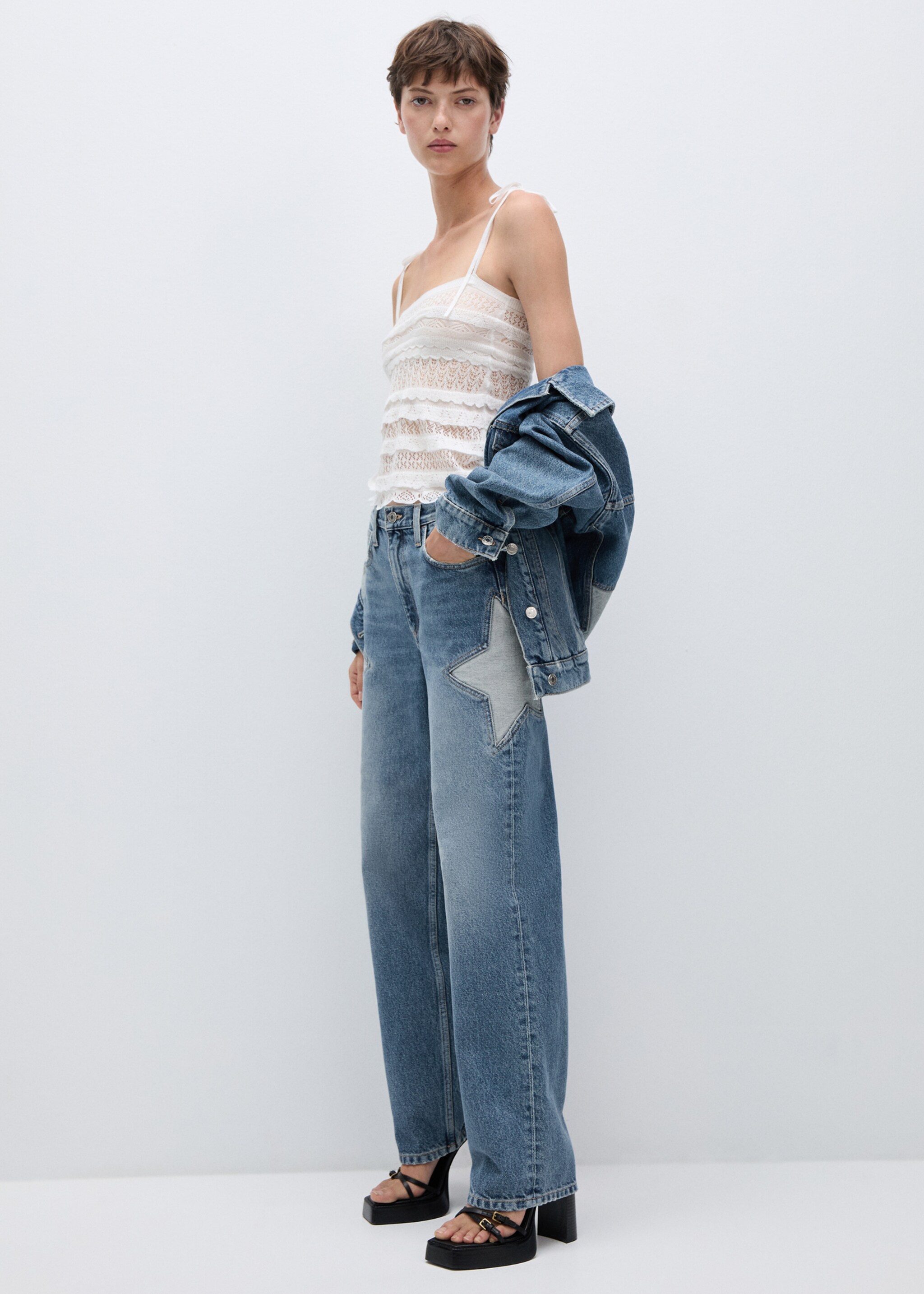Straight-fit jeans with stars - Details of the article 1, Medium Blue. Ref: 77024067-00.