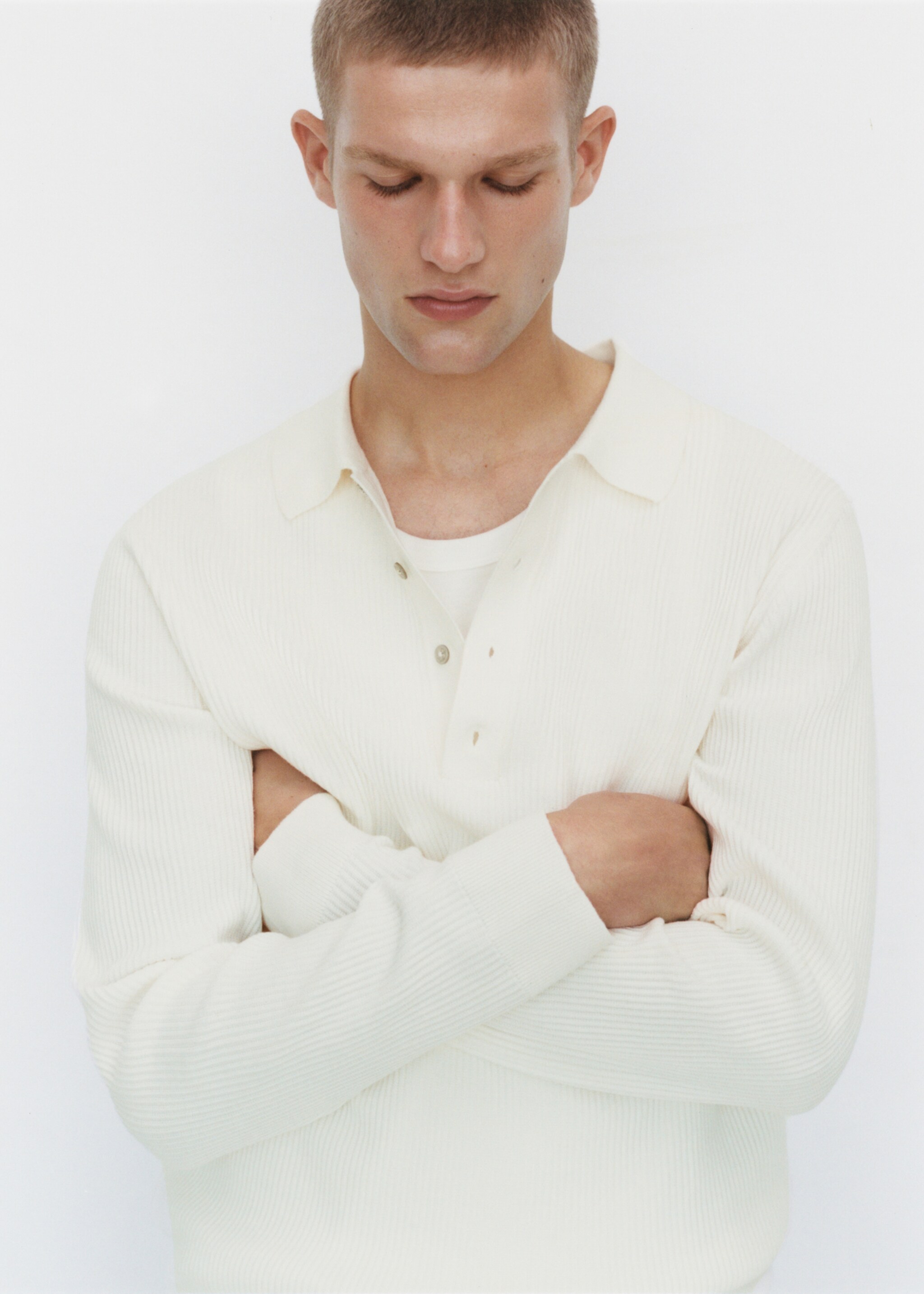 Pull-over polo coton mélangé maille côtelée - Détail de l'article 5, Blanc cassé. Ref: 77024445-00.