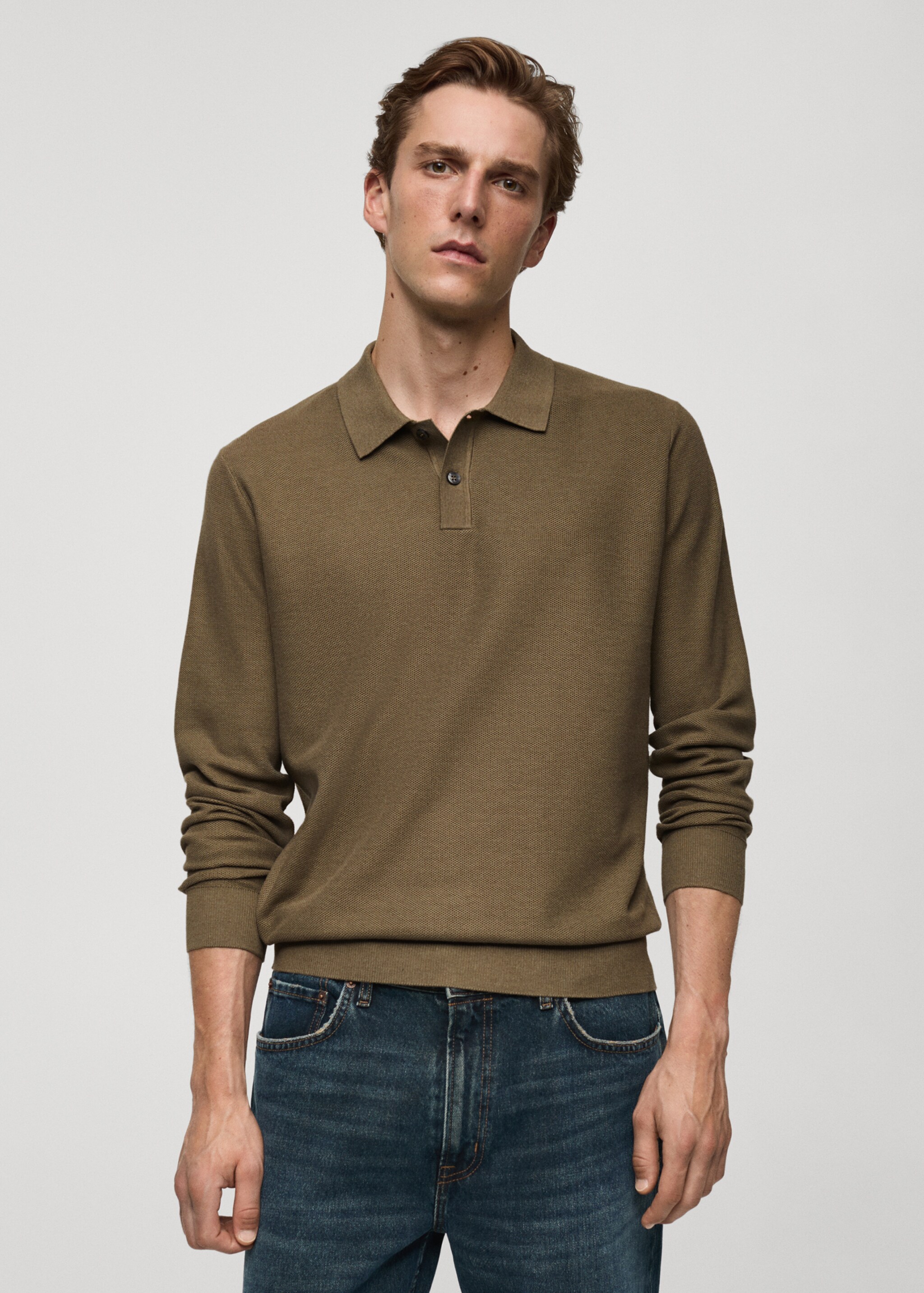 Knitted structured polo sweater - Medium plane, Medium Green. Ref: 77024449-00.