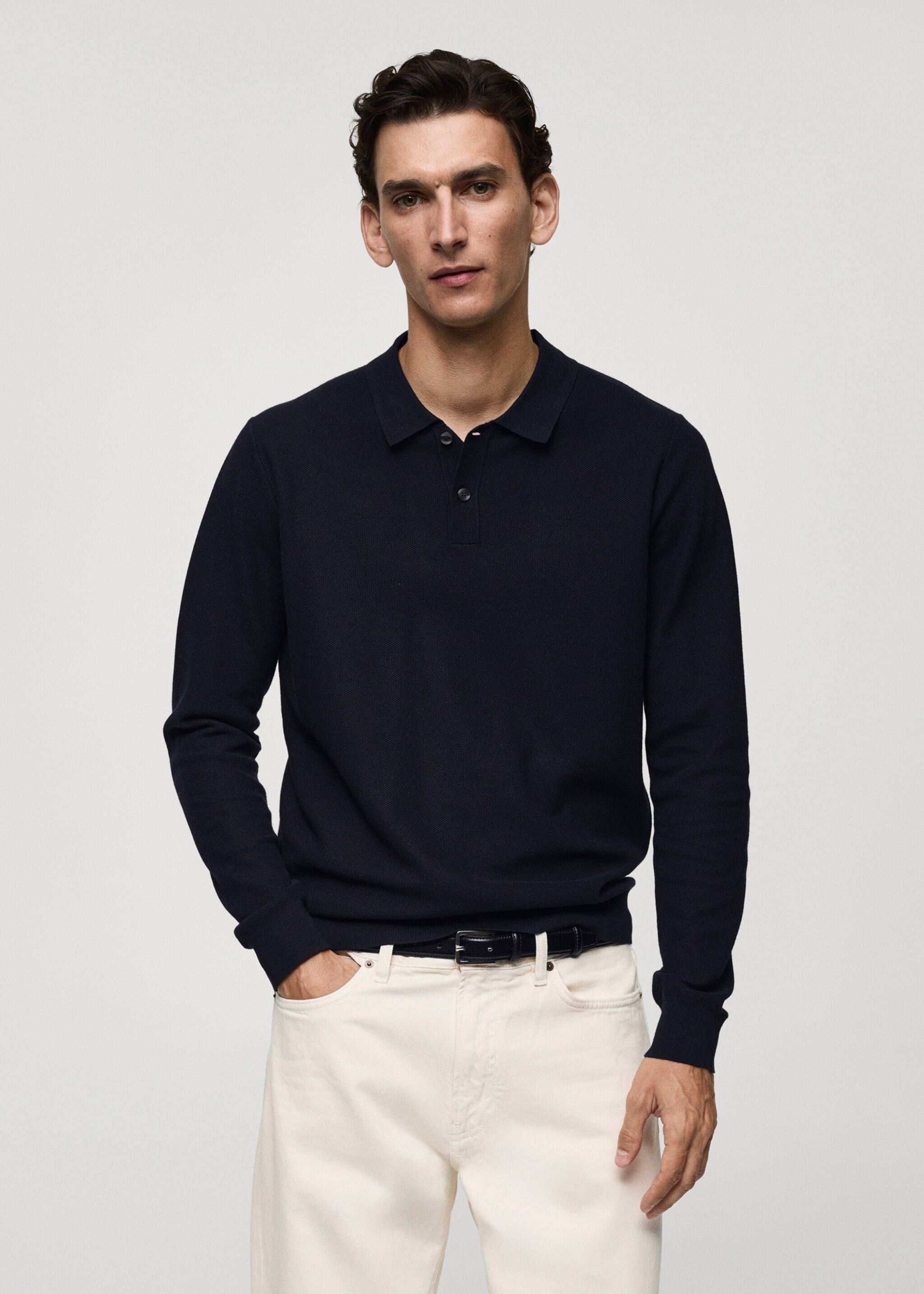 Pull-over polo maille structure - Plan moyen, Bleu marine foncé. Ref: 77024449-00.
