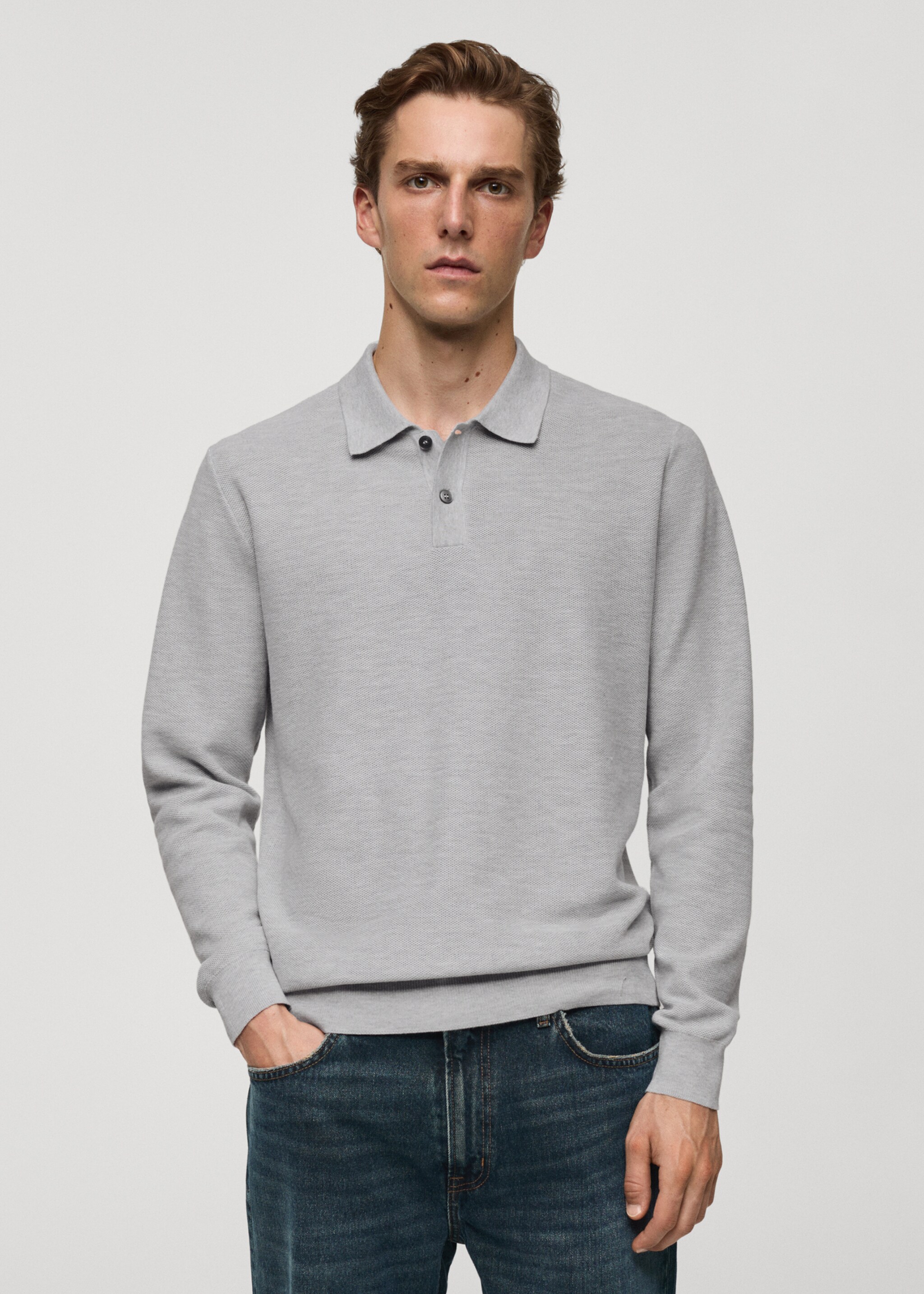 Knitted structured polo sweater - Medium plane, Medium Heather Grey. Ref: 77024449-00.