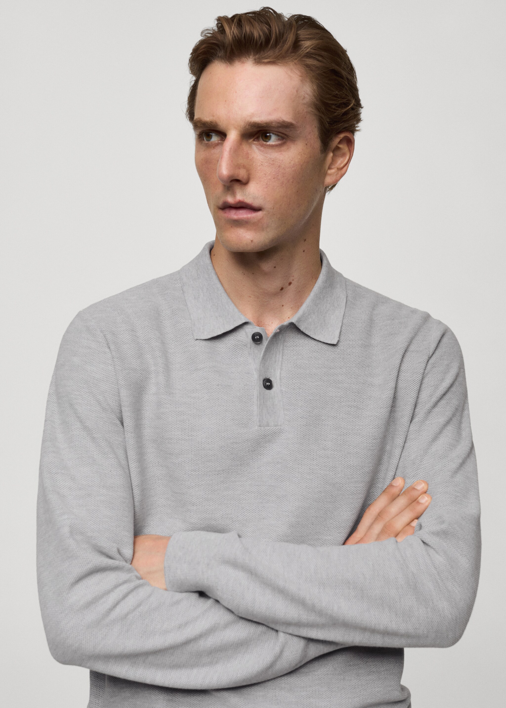 Knitted structured polo sweater - Details of the article 1, Medium Heather Grey. Ref: 77024449-00.