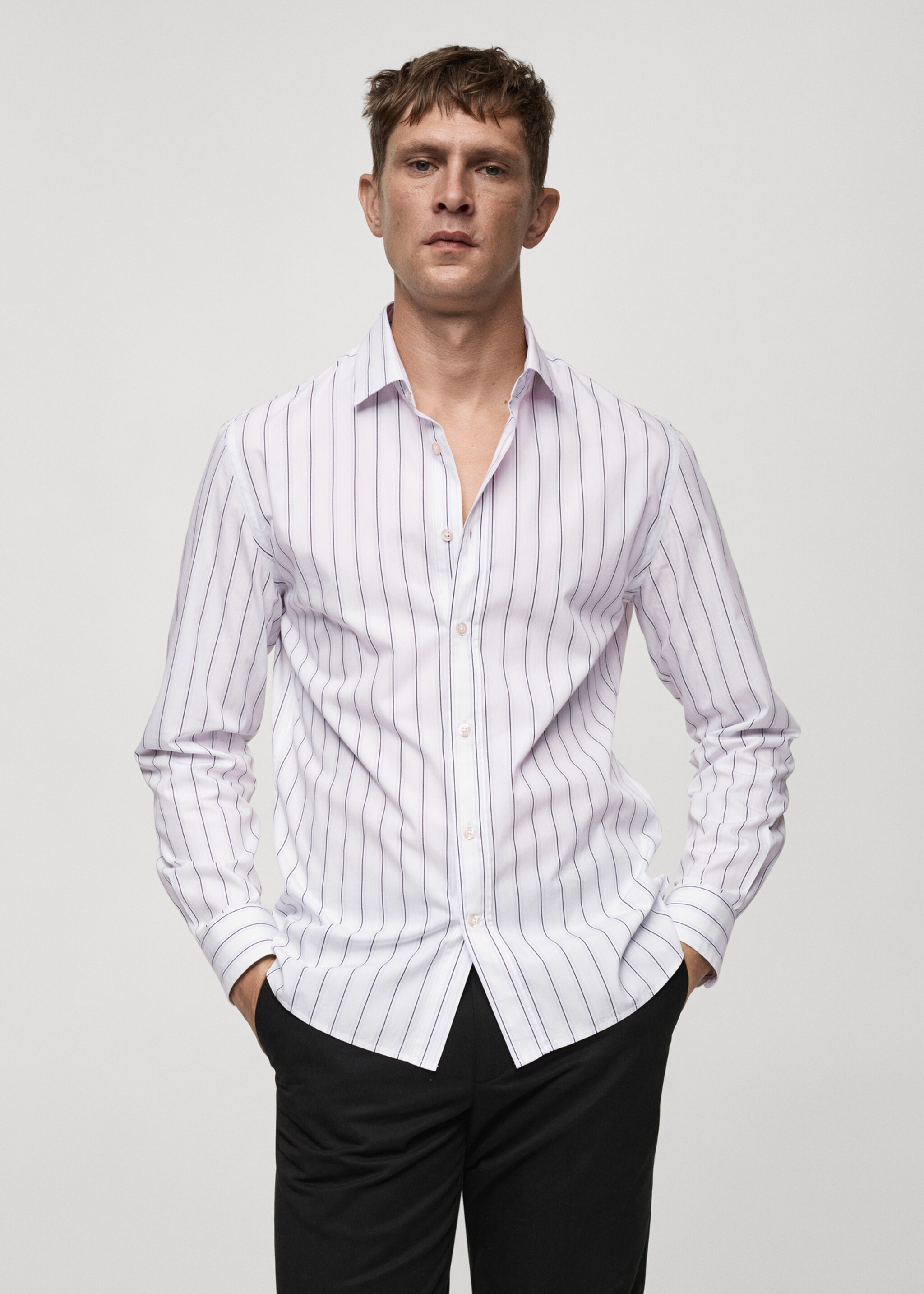 Regular-fit striped cotton shirt - Medium plane, Violet. Ref: 77024451-00.