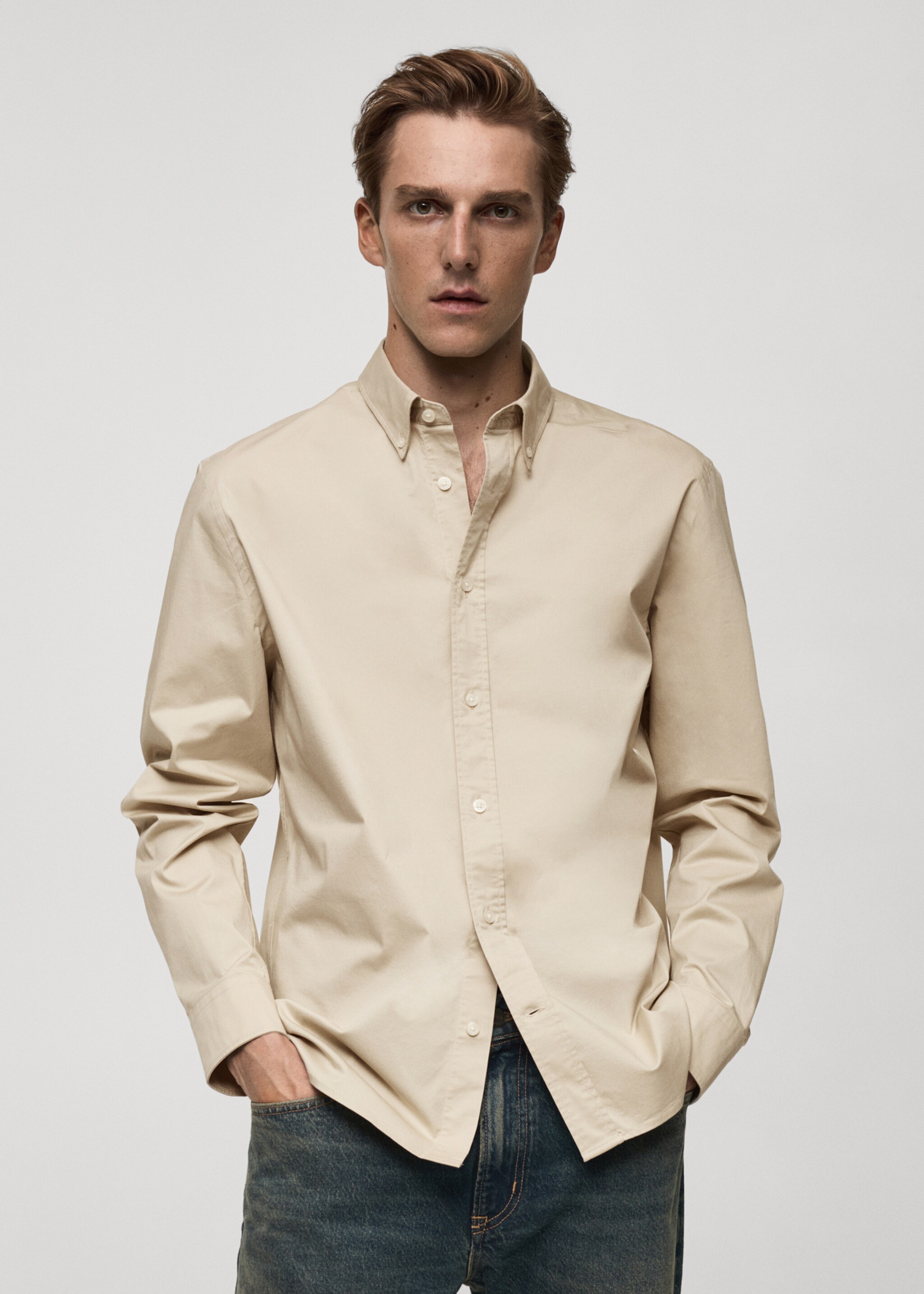 Regular fit cotton shirt - Medium plane, Beige. Ref: 77024452-00.