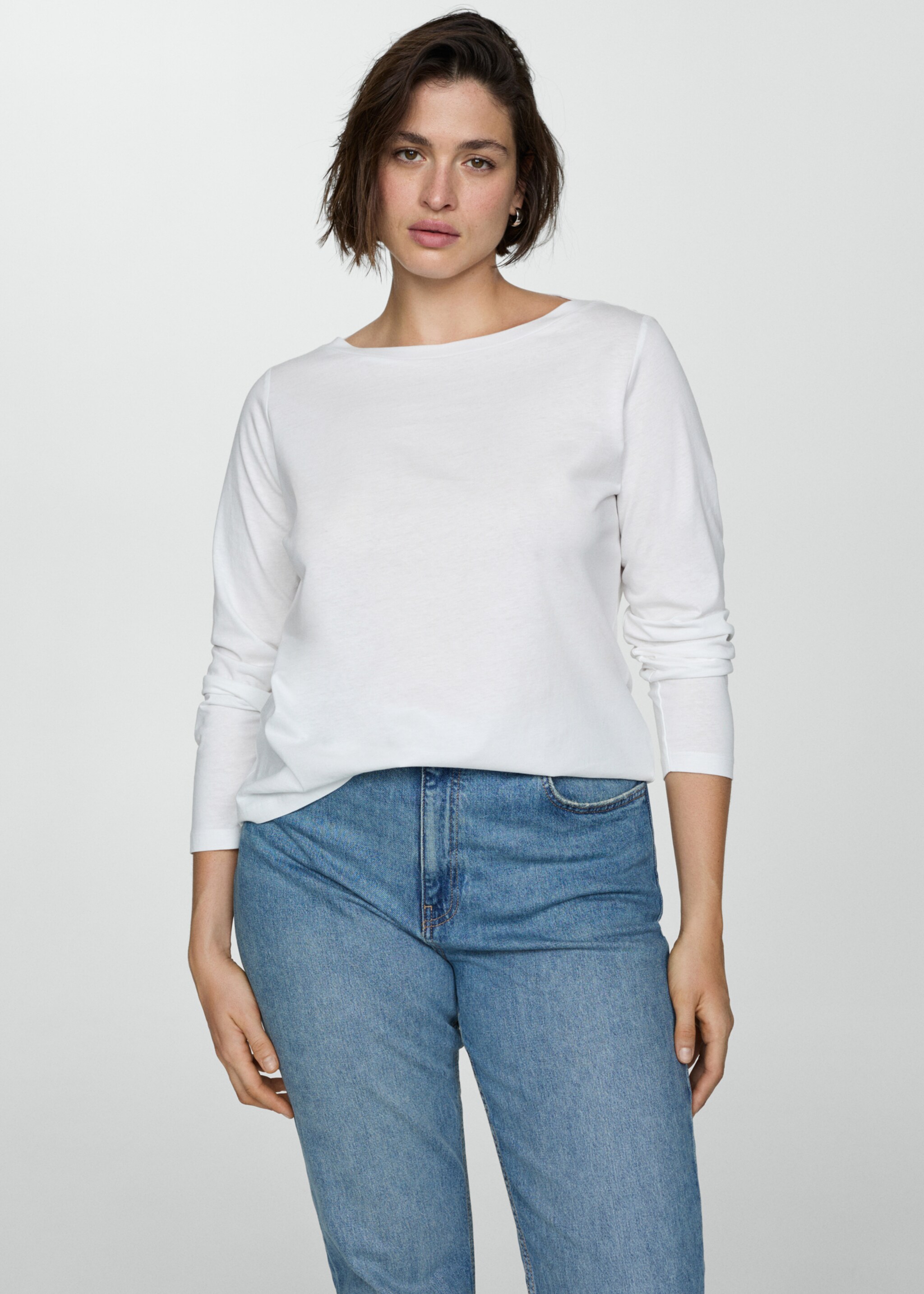 Long-sleeved boat-neck t-shirt - Details of the article 5, White. Ref: 77024761-00.