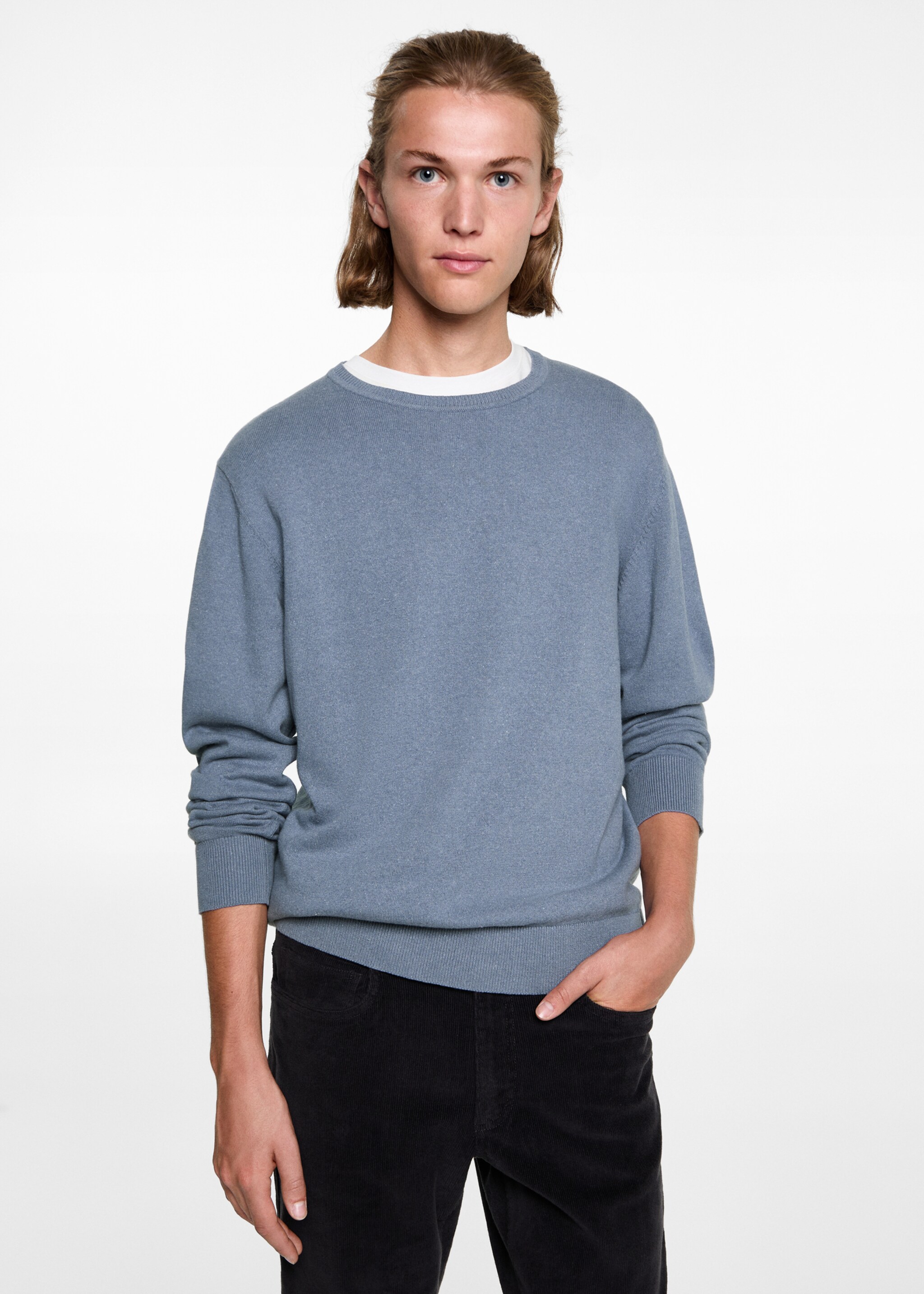 Pull-over maille col rond - Plan moyen, Bleu. Ref: 77025634-00.