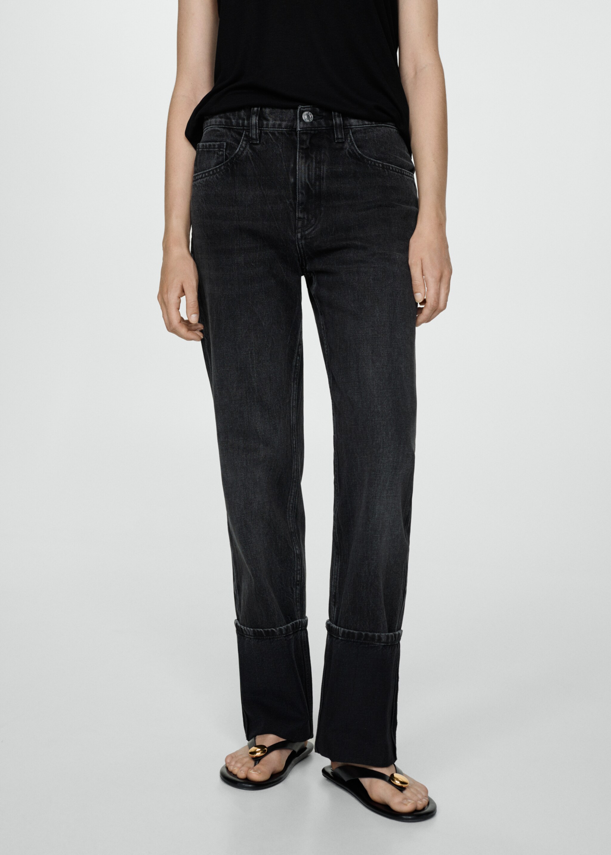 Turned-up straight jeans - Medium plane, Black denim. Ref: 77025654-00.