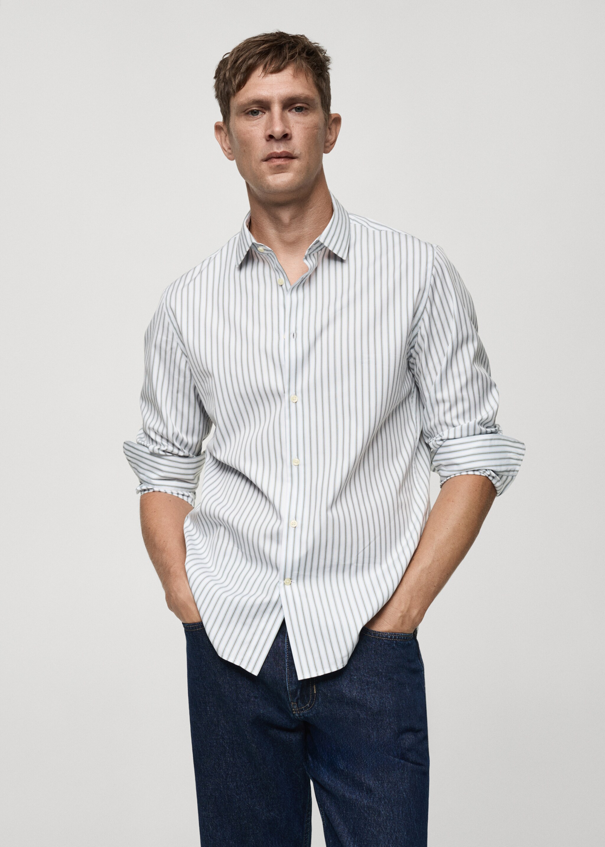 Camisa slim fit algodón rayas - Plano medio, Khaki. Ref: 77025981-00.