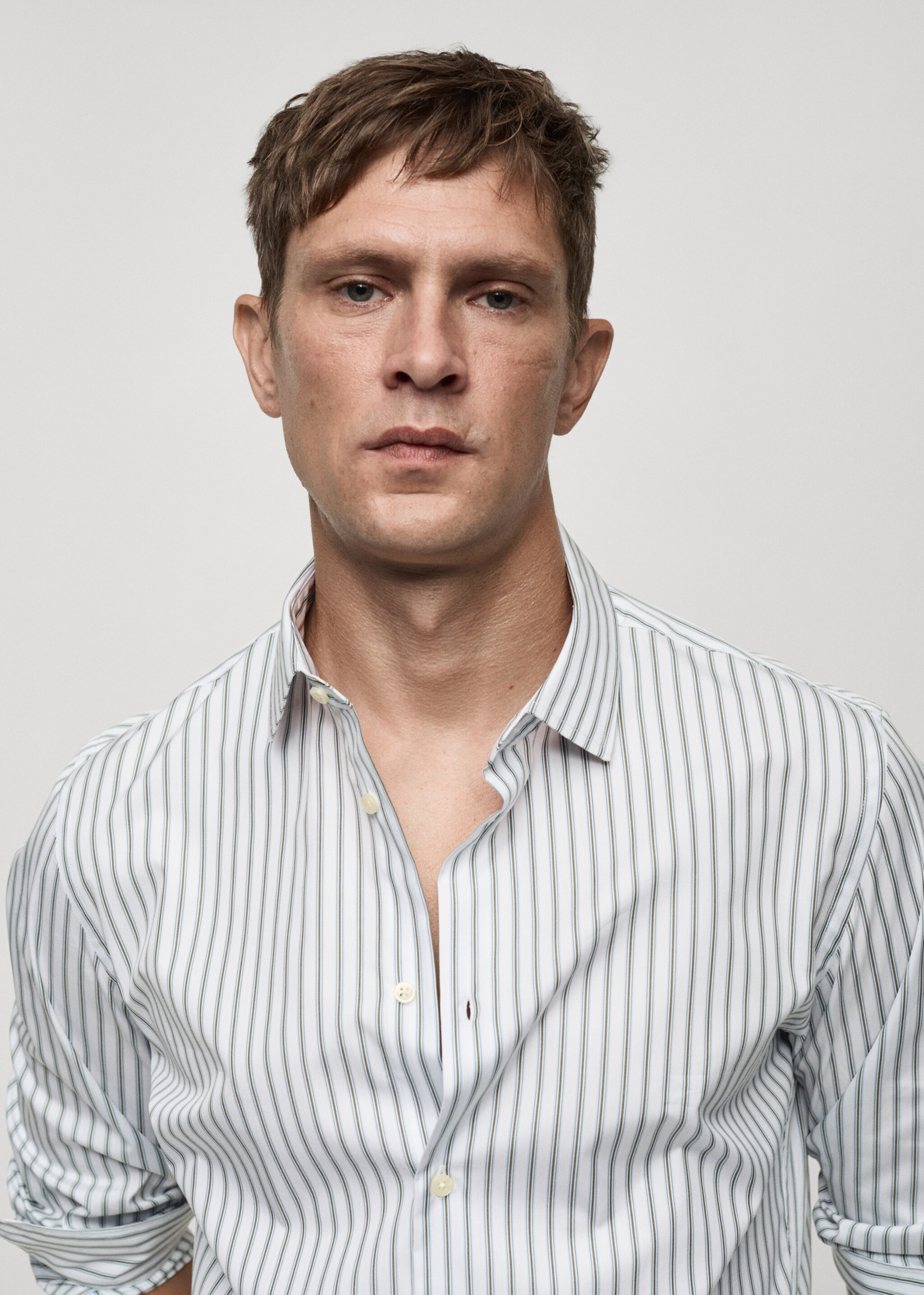 Camisa slim fit algodón rayas - Detalle del artículo 1, Khaki. Ref: 77025981-00.